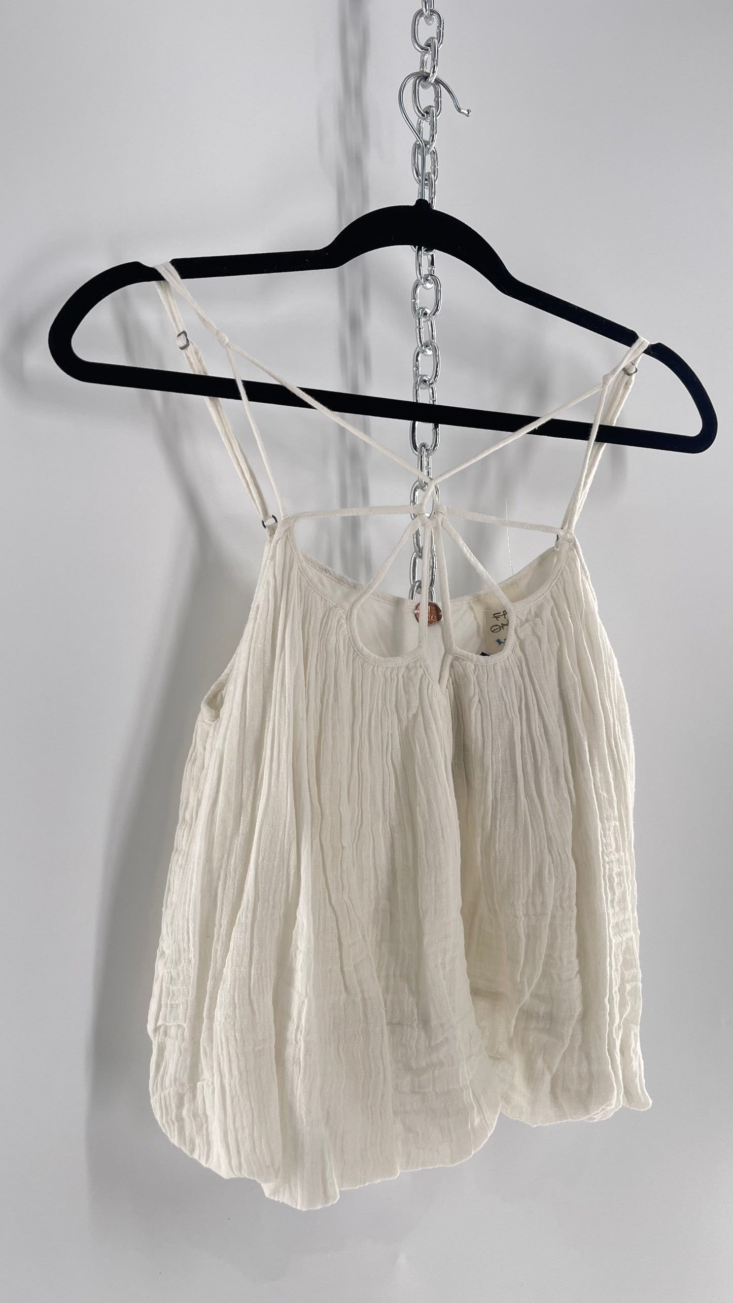 Free People White Cotton Bubble Sleeveless Blouse with Strappy Neckline (M)