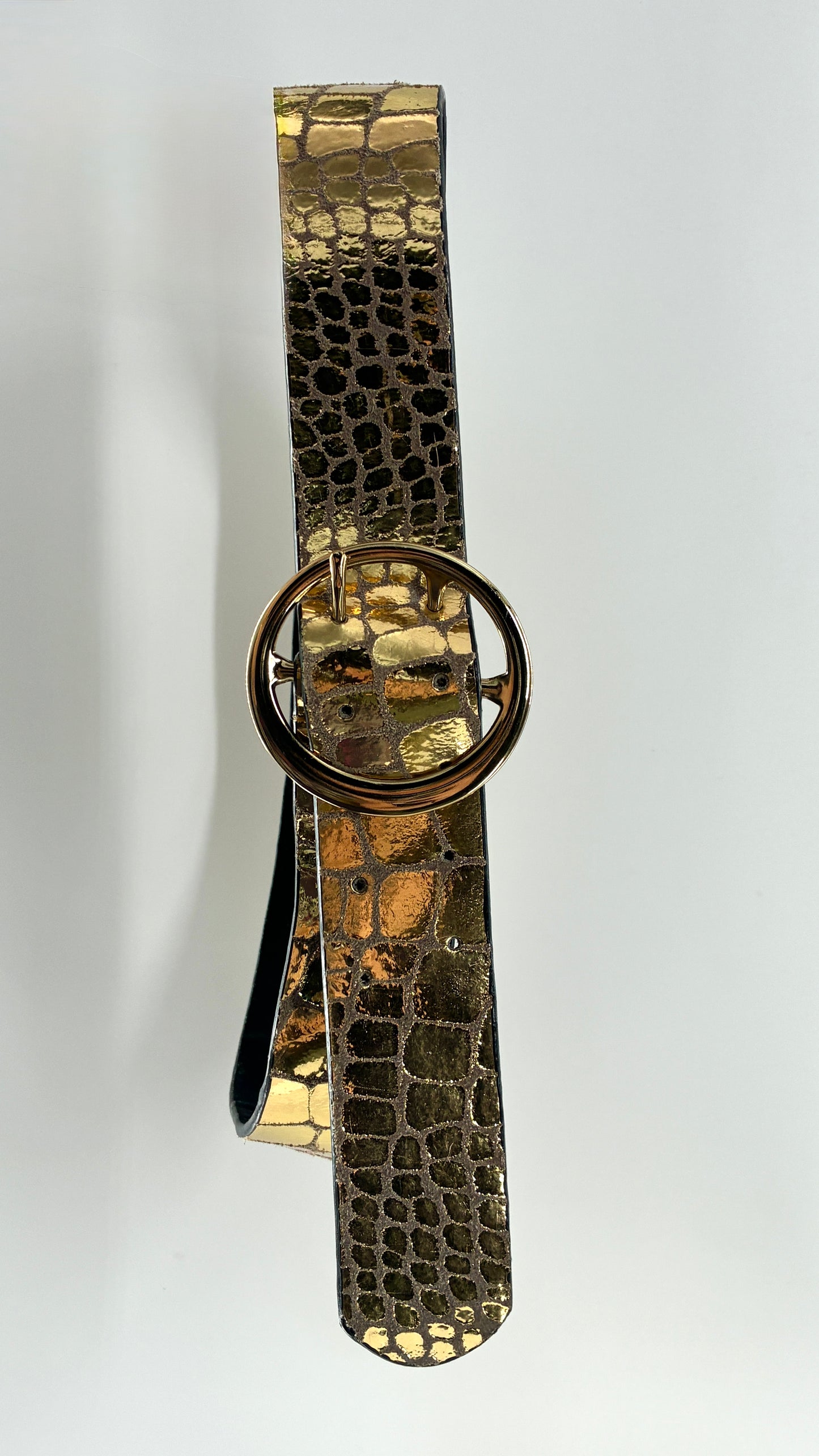 Vintage Free People Metallic Gold Leather Embossed Round Buckle Belt (S/M)