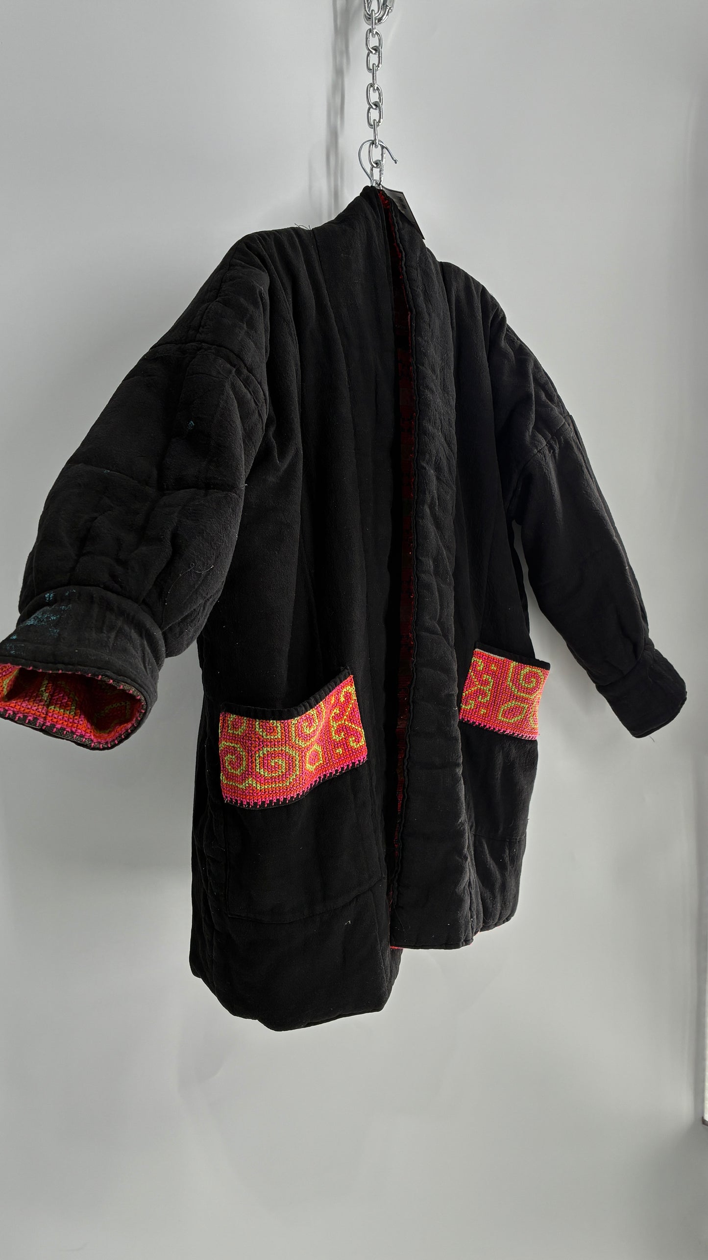 One Size Neon Pink Fully Embroidered and Quilted Reversible Puff Sleeve Coat (Large)