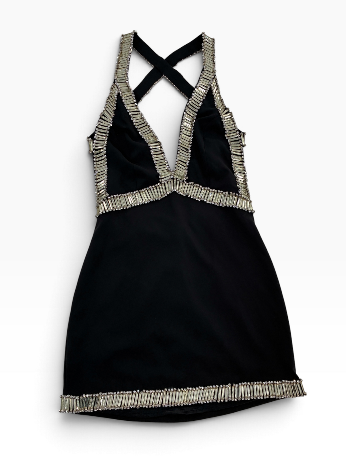 Vintage NBD Black Halter Dress Lined in Oversized Stones and Crystals (Small)