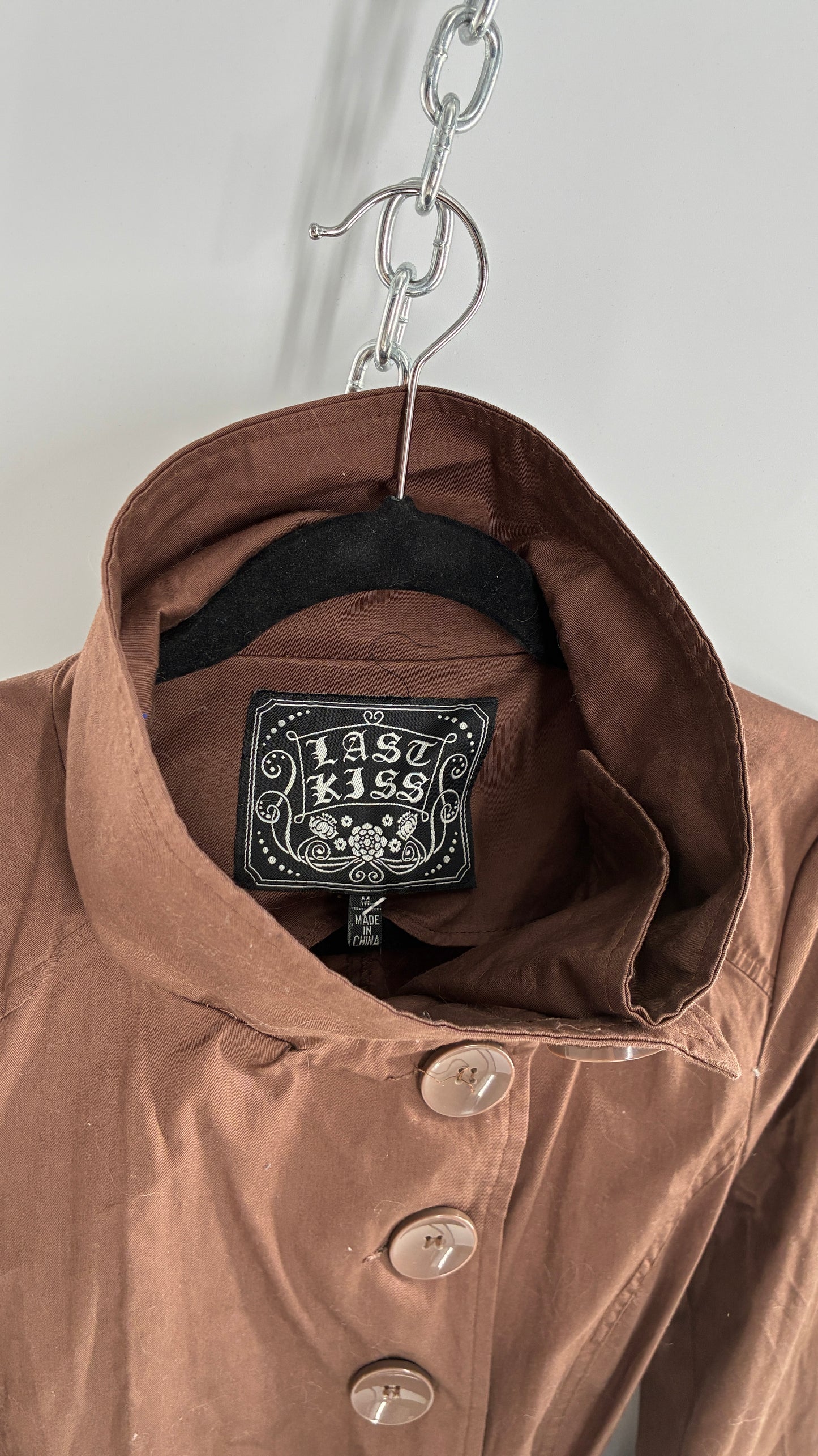 Vintage LAST KISS Brown Belted Trench Jacket with Pipe Neck and Oversized Buttons (Medium)