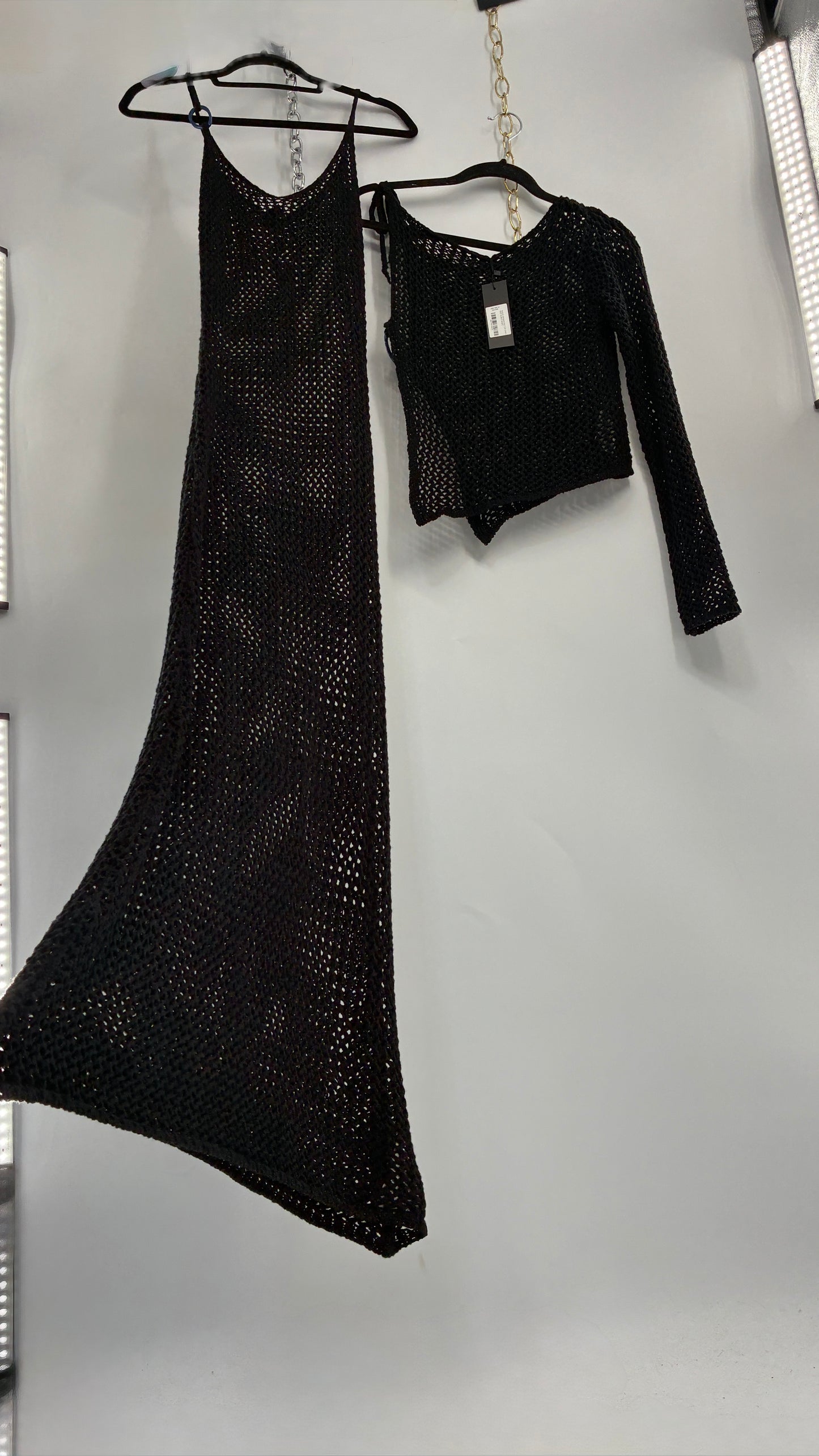 MOTEL Black Crochet Set with Maxi Dress and Matching Top with Tags (XXS)