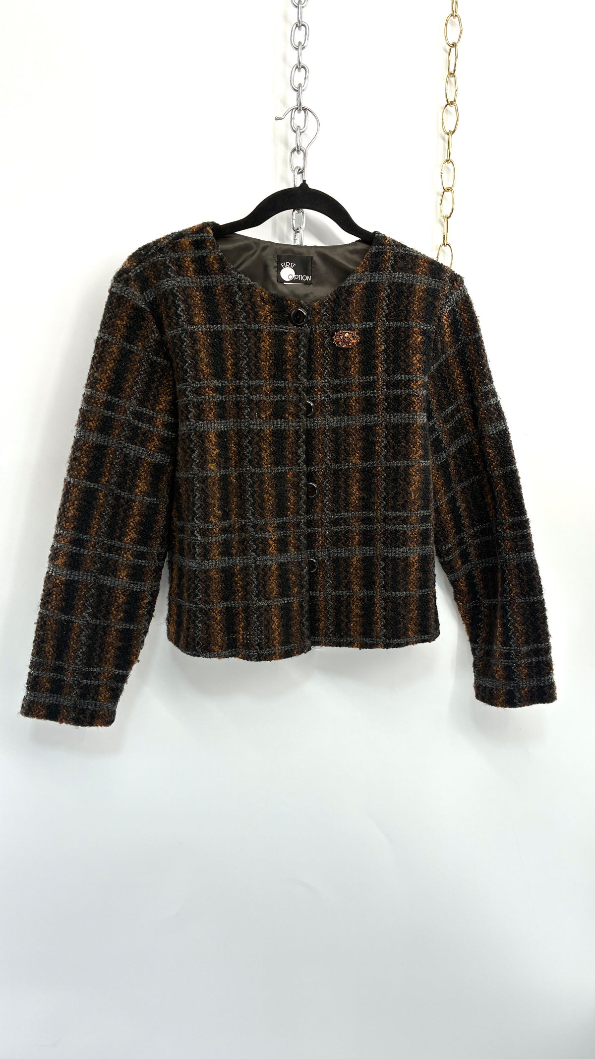 Vintage FIRST OPTION Plaid Knit Cardigan Jacket with Jewel Broche (Small)