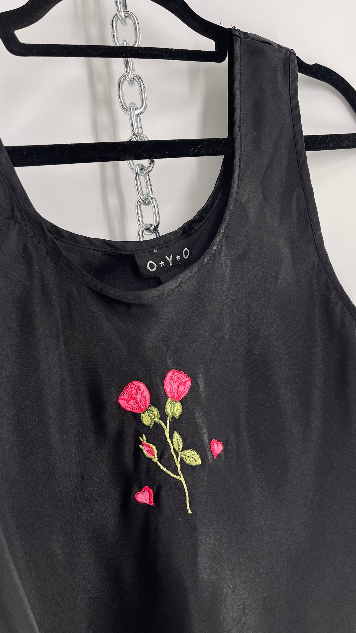 Vintage OYO Black Silky Slip Tank with Rose and Hearts Embroidery (Large)