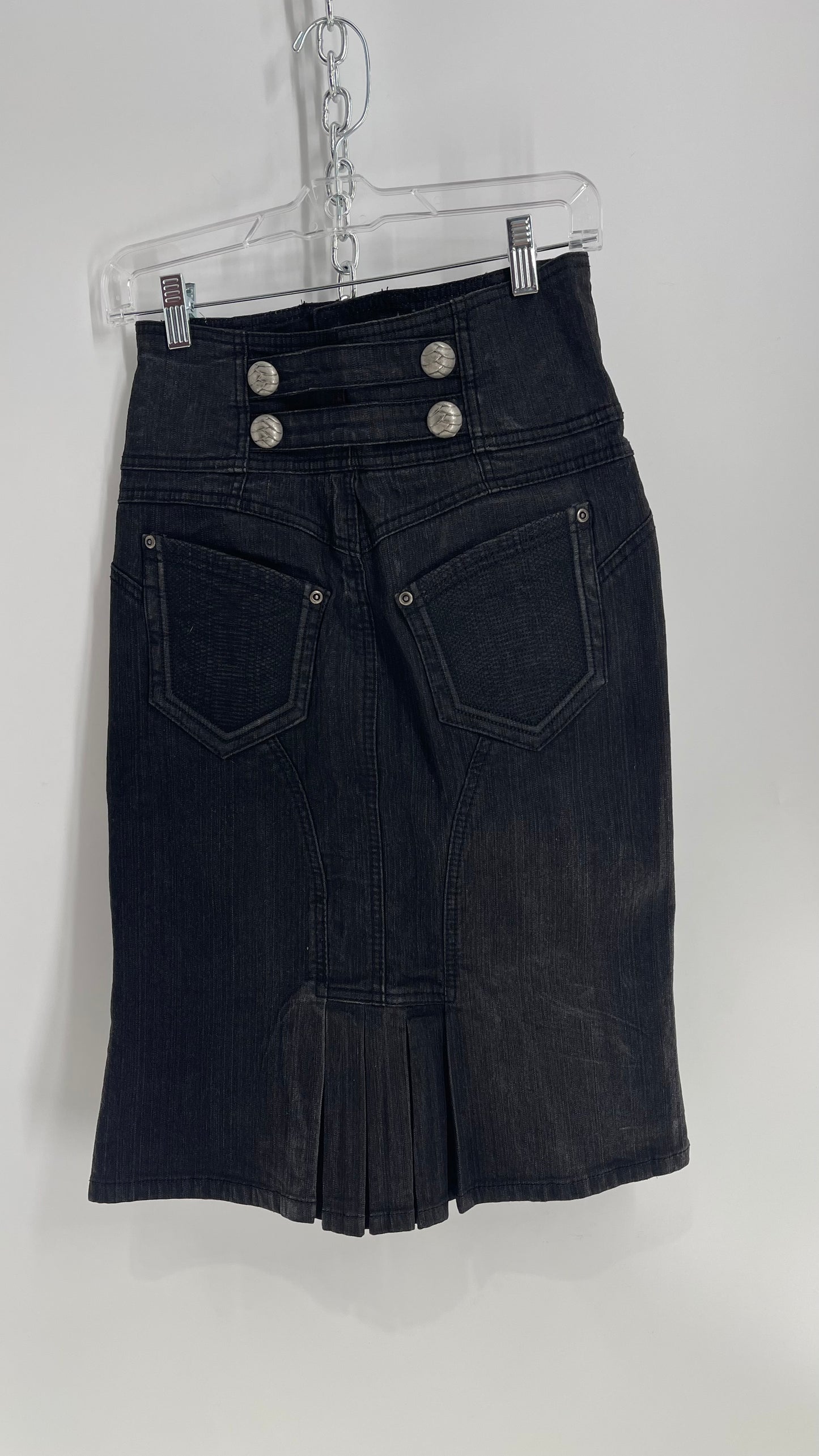 XOXO Dark Wash Denim Body Con Midi Skirt with Buttons, Embroidery, and Pleats (7/8)