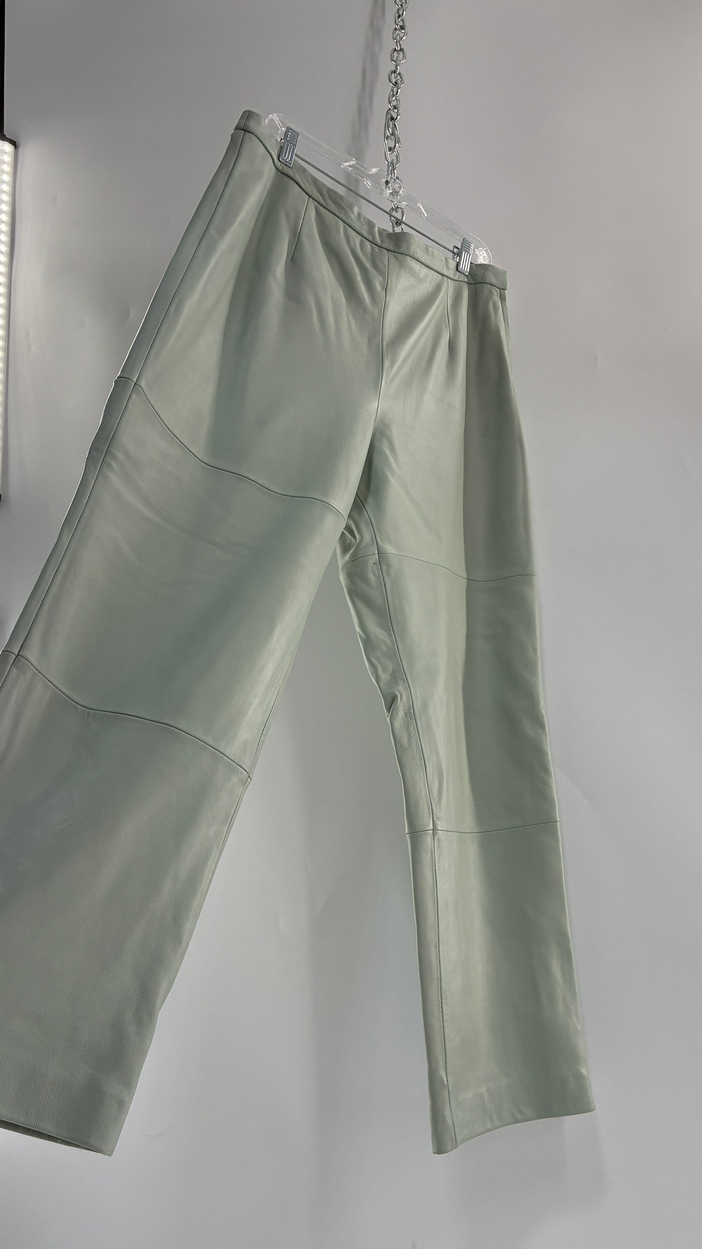 Vintage TERRY LEWIS Classic Luxuries Muted Seafoam, Genuine Leather Trousers with Silky Soft, Satin Lining (16P)