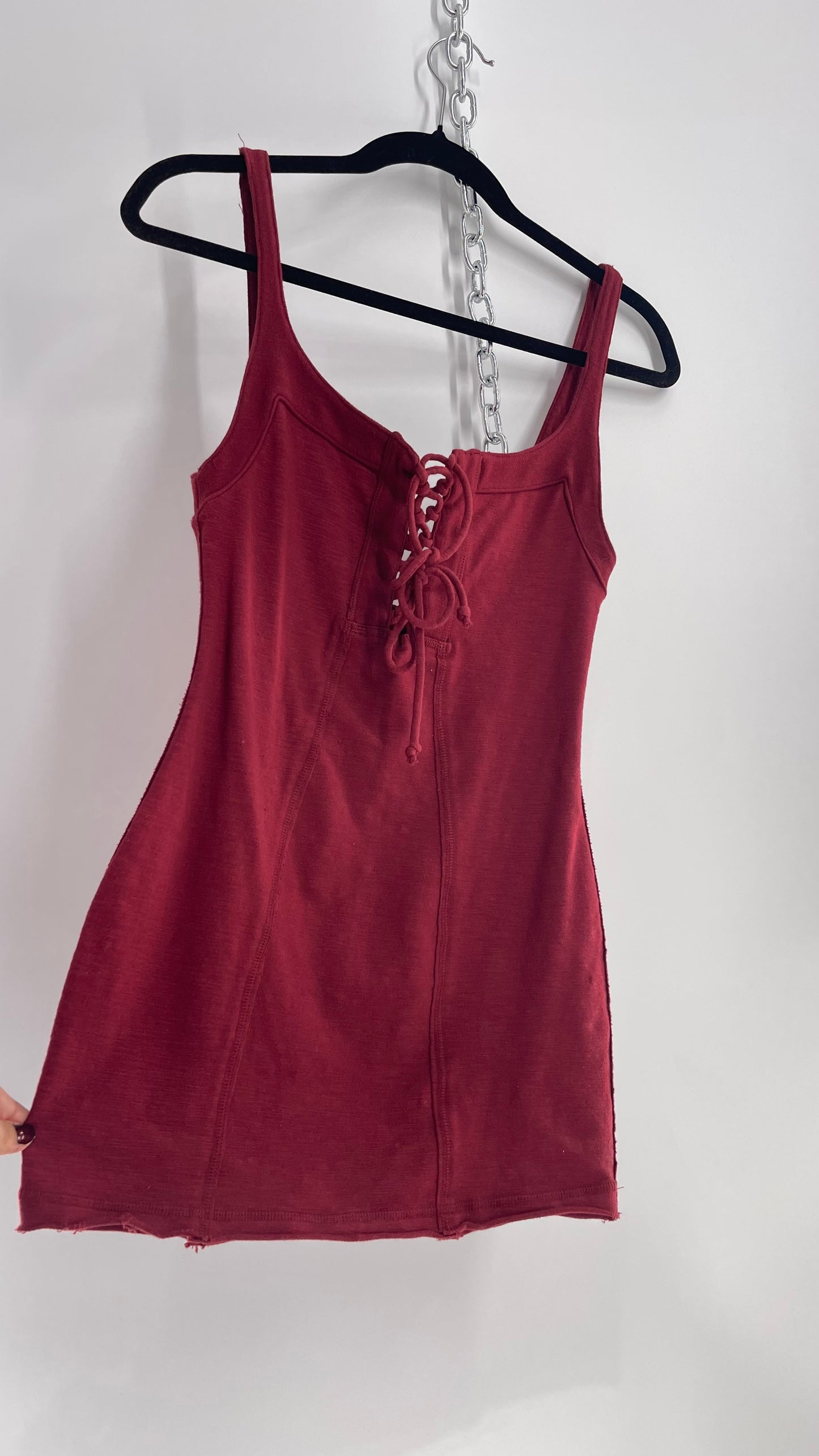 Free People Burgundy Knit Tank with Lace Up Neckline (XS)