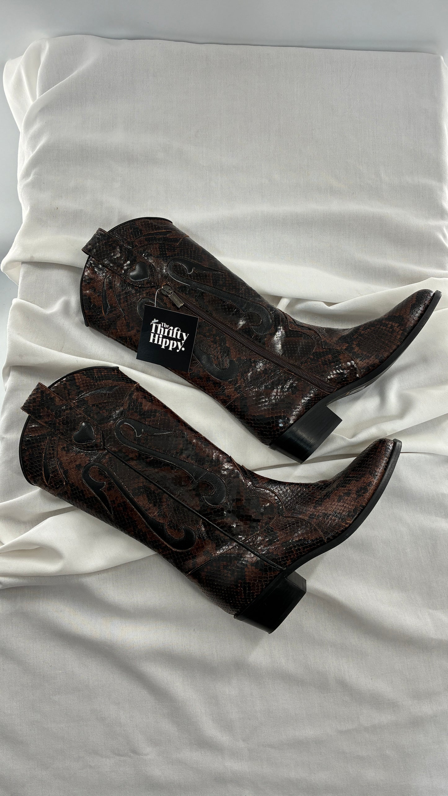 Vintage LABLANC Snakeskin Cowboy Boots with Hearts Made in Italy (36)