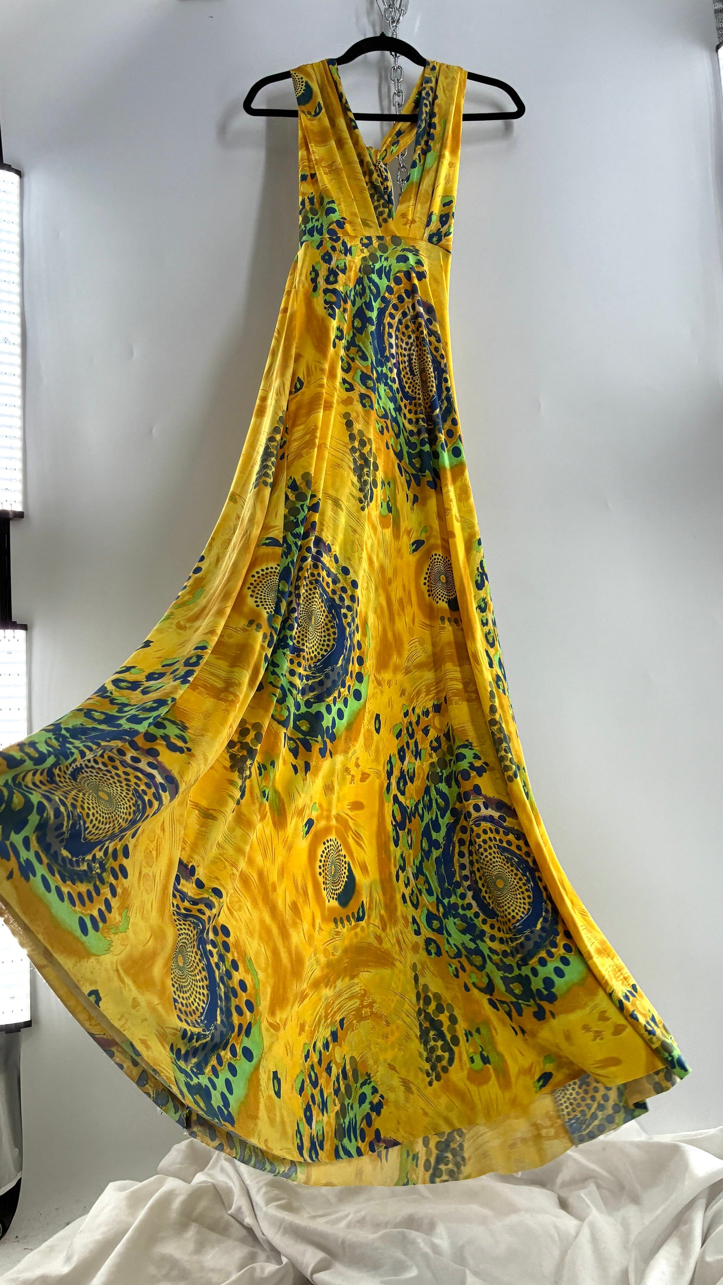 Vintage NARCISA LANG Lycra Full Length, Backless Yellow Dress with Graphic Pattern (XS/S)