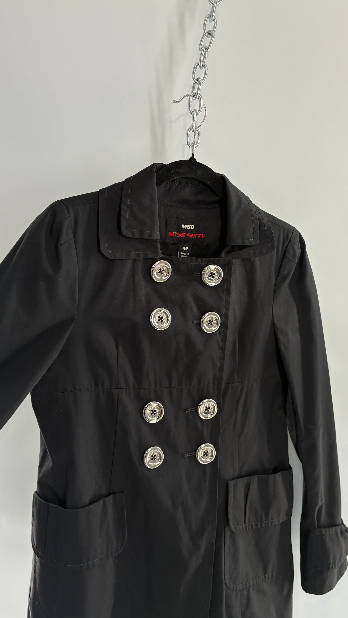 Vintage MISS SIXTY Black Jacket with Oversized Silver Buttons (Medium)