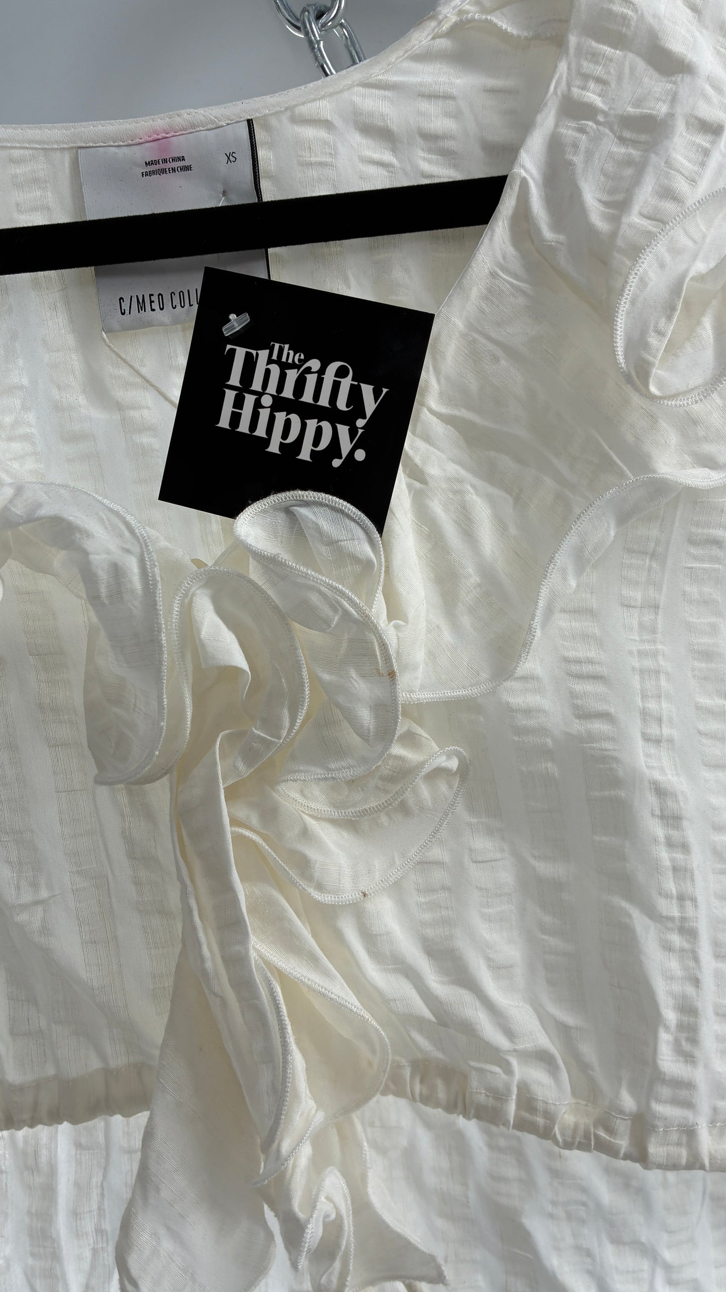 CMEO Collective White Balloon Sleeve Blouse with Ruffled, Button Up Neckline and Adjustable Drawstring Waist (XS 0-2)