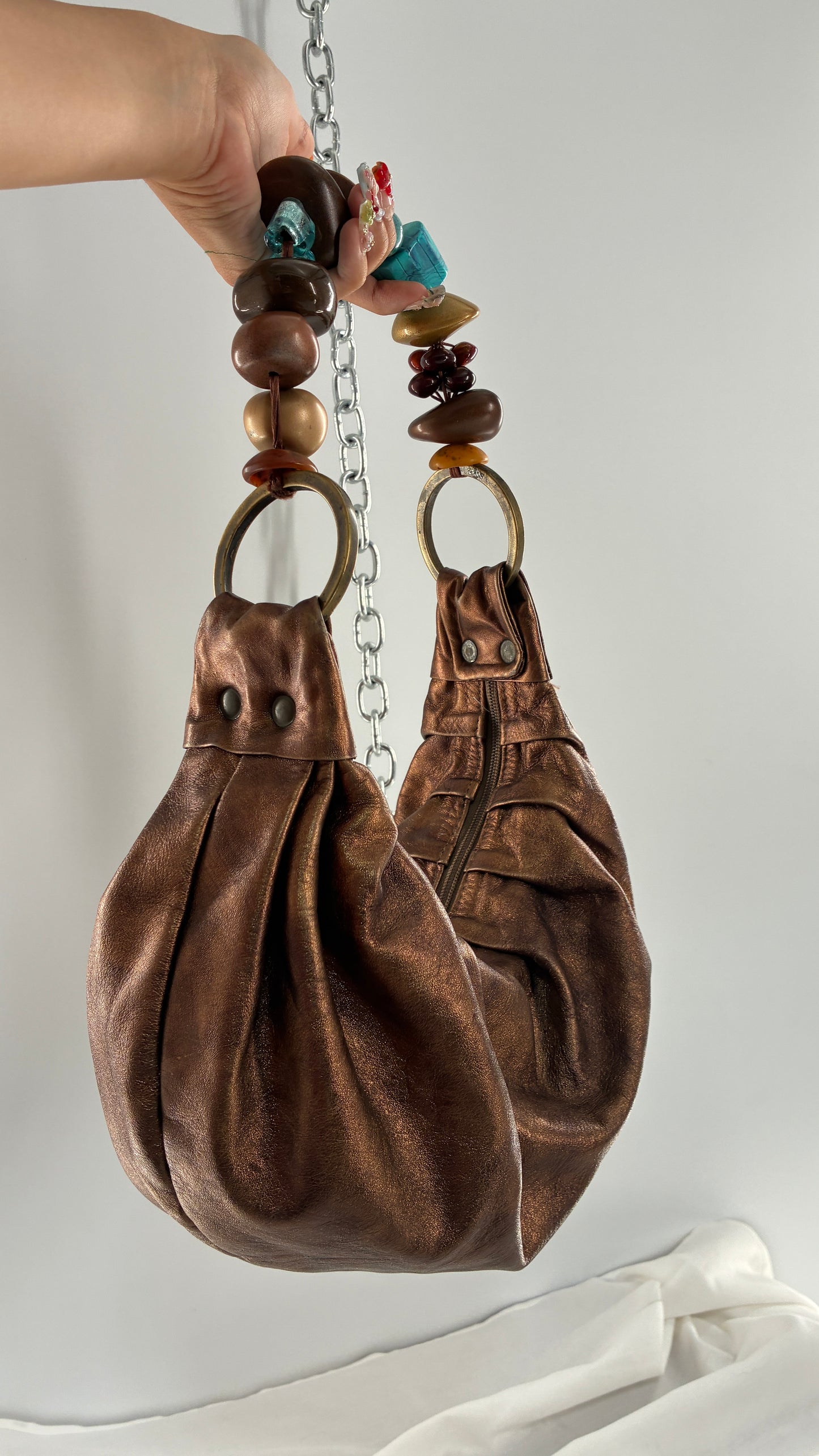 Vintage KARKABA  Metallic Bronze Leather Bag with Exaggerated Beaded Handles
