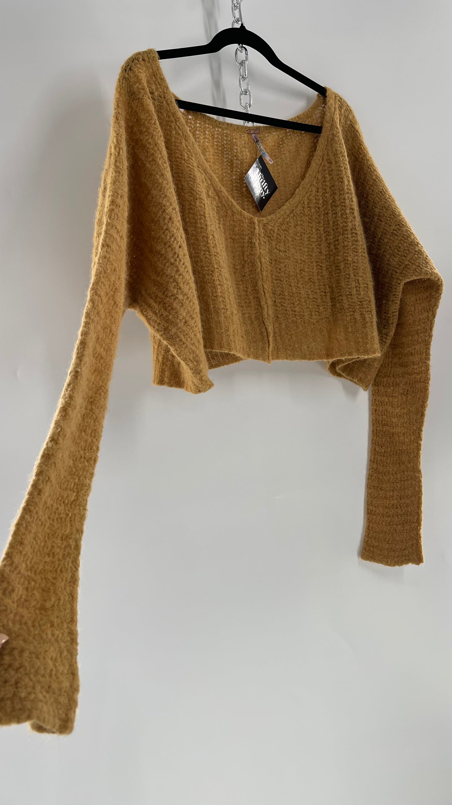 Free People Mustard Knit Cropped Sweater (XS) 88% Alpaca Fur