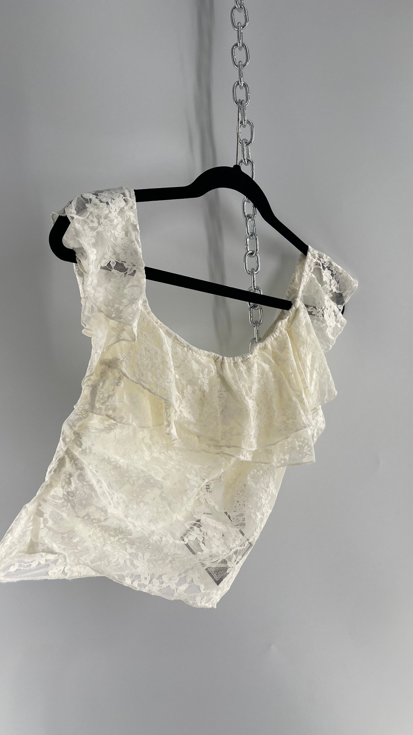 Urban Outfitters White Lace Tank with Ruffle Neckline and Straps Tags Attached (Large)