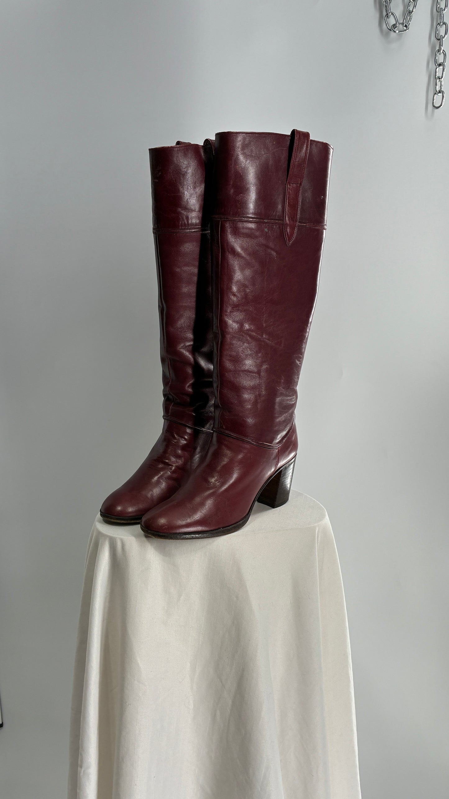 Vintage Red Leather Round Toe Knee High Boots Made in Spain Boots (38)