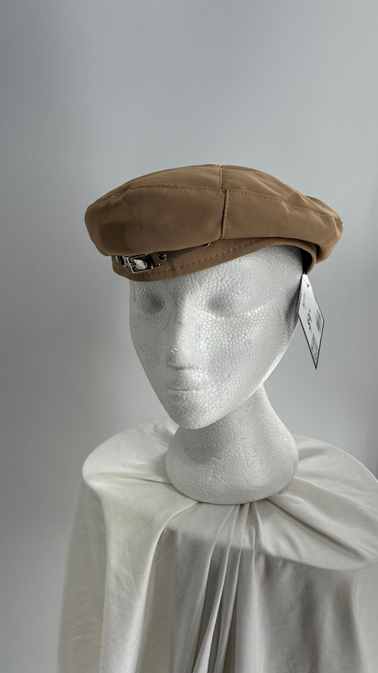 Tan Beret with Vegan Leather Strap and Silver Metal Hardware