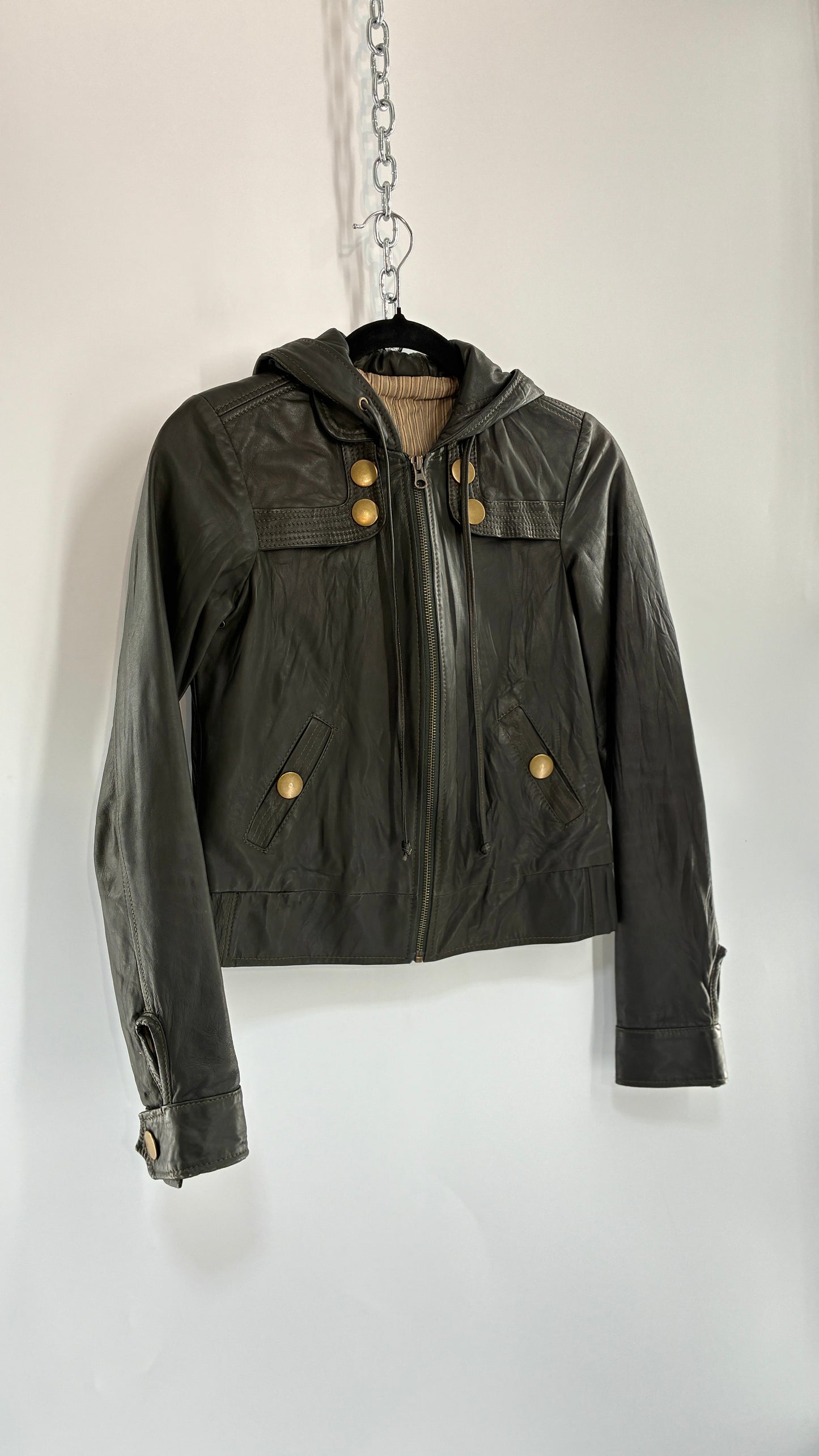 Vintage MIKE & CHRIS Grey Genuine Leather Hoodie Style Zip Front Jacket with Oversized Bronze Buttons and Contrast Stitching (XS)