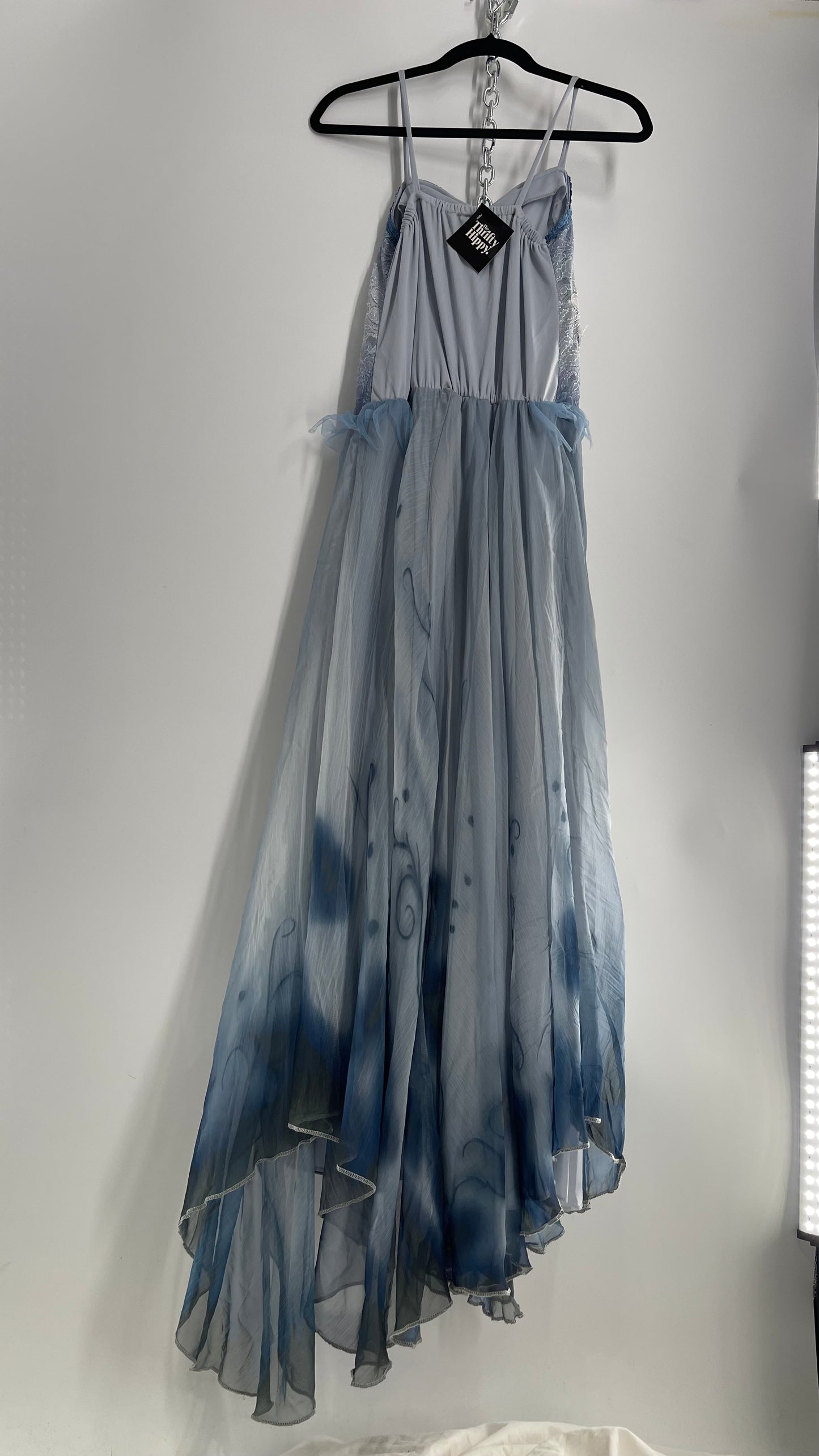 Vintage Muted Blue Corpse Bride Style Gown with Tulle, Embroidery and Ombré