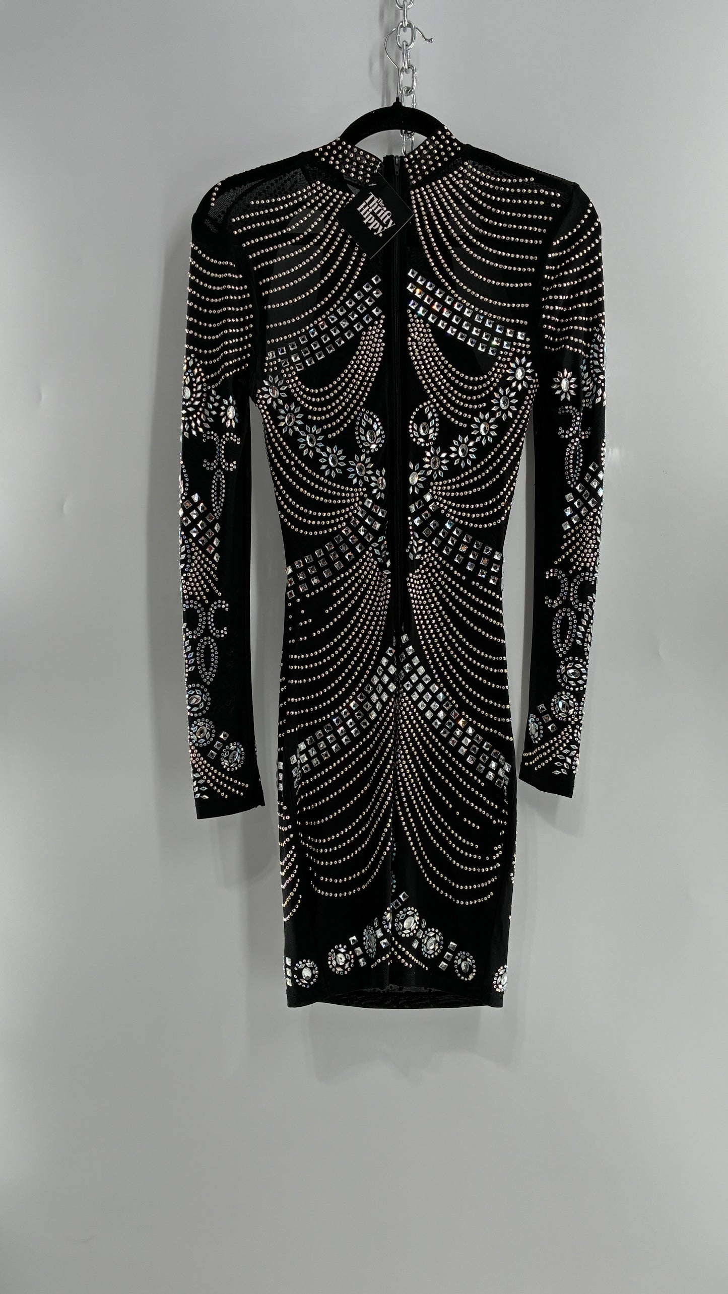 Black Bedazzled Mini Dress with Cut Out Details Covered in Gems (Small)