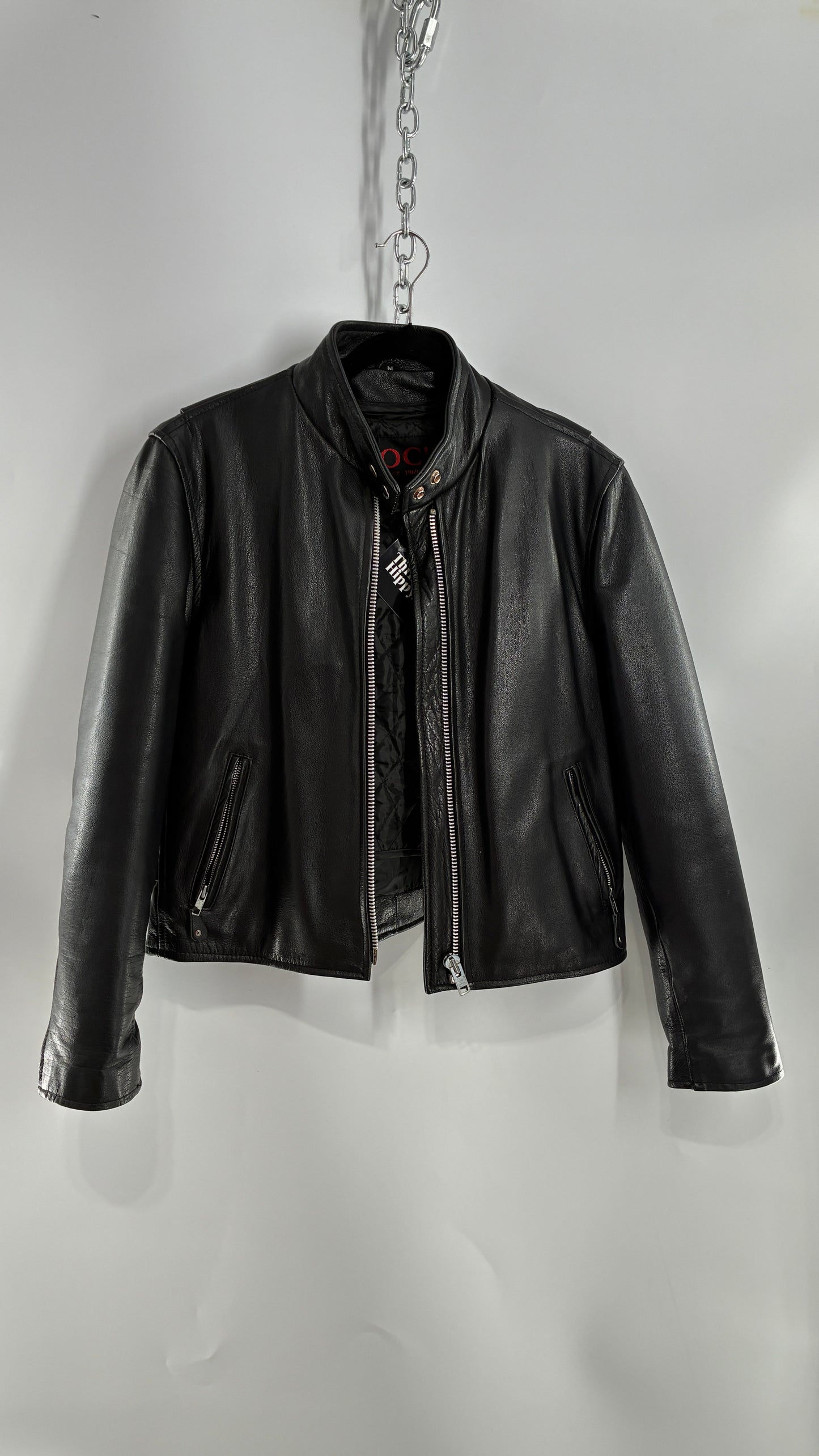 Vintage DOC’s Black Thick Leather Jacket with Removable Quilted Lining, Zippered Sides and Heavy Metal Details (Medium)