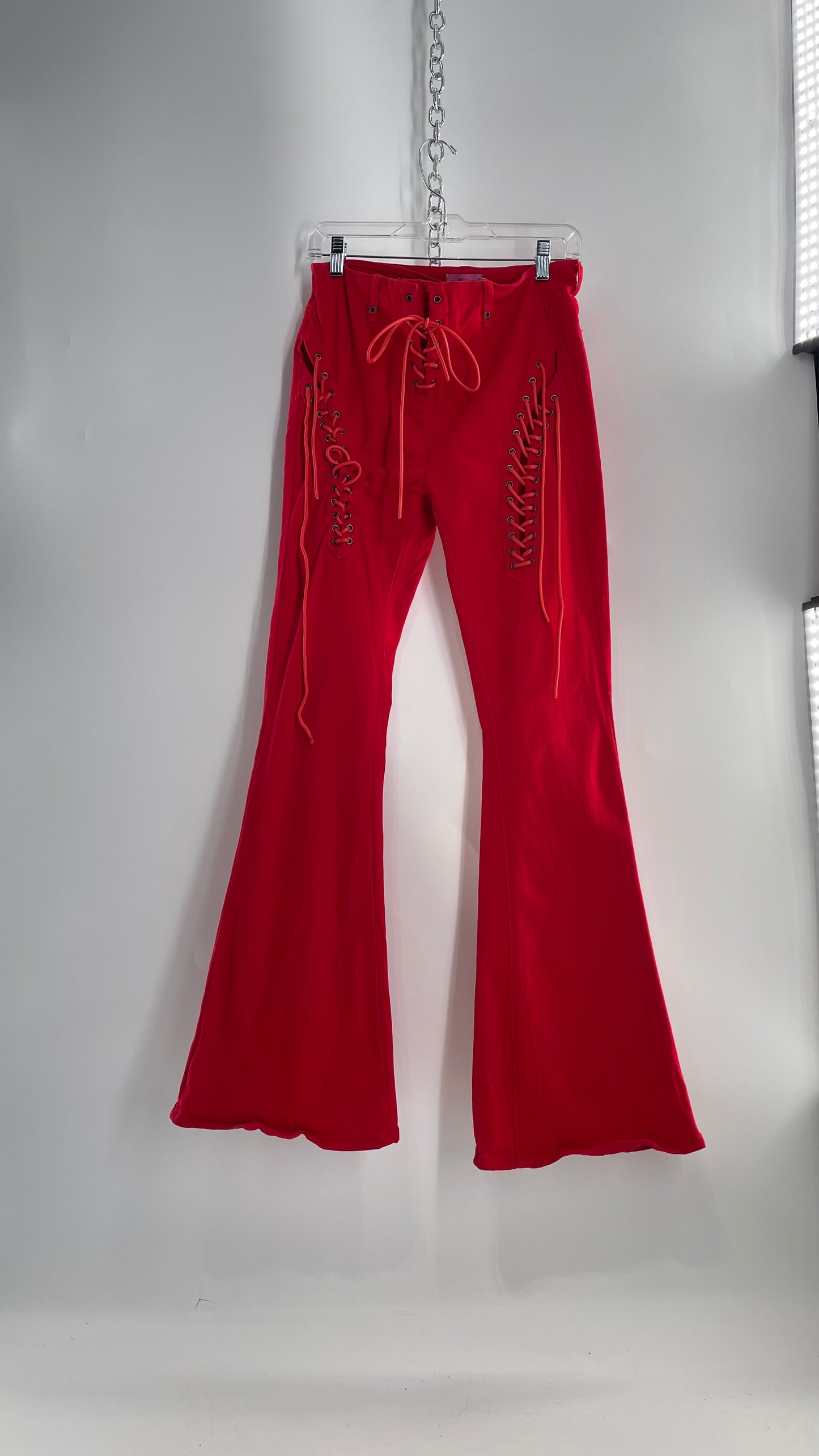 Edikted Rockstar Red Kick Flare Bell Bottoms with Lace Up Thigh and Waistline Detail (Large)