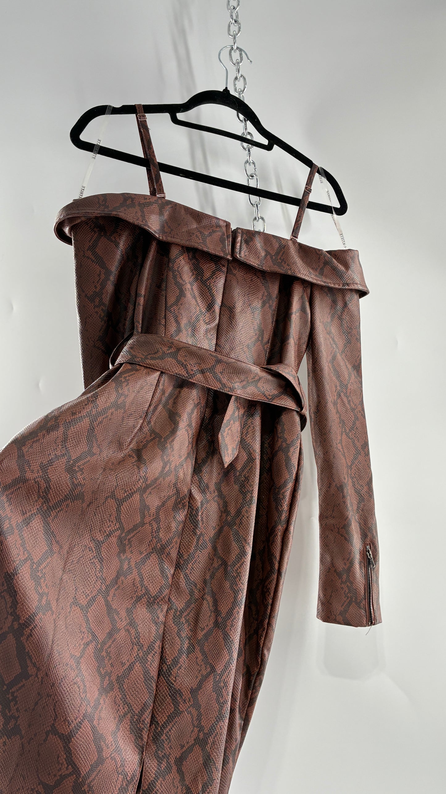 L’ATISTE Snakeskin Vegan Leather Moto Off the Shoulder, Knee High Dress (Medium)
