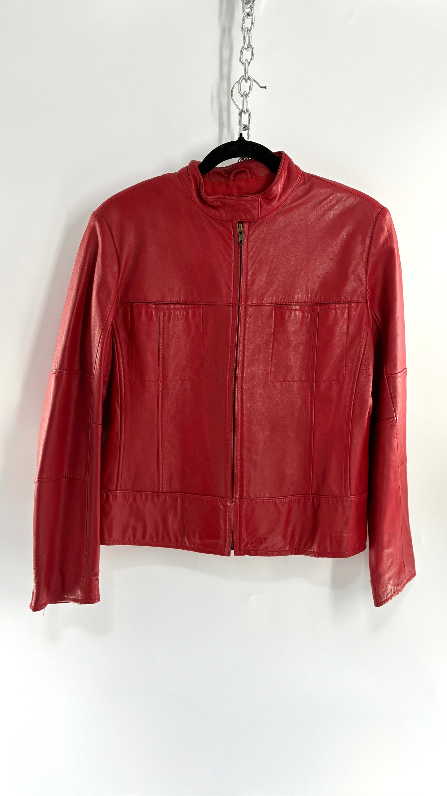KATHY IRELAND Lamb Leather Red Motorcycle Neck Strap Jacket (Medium)