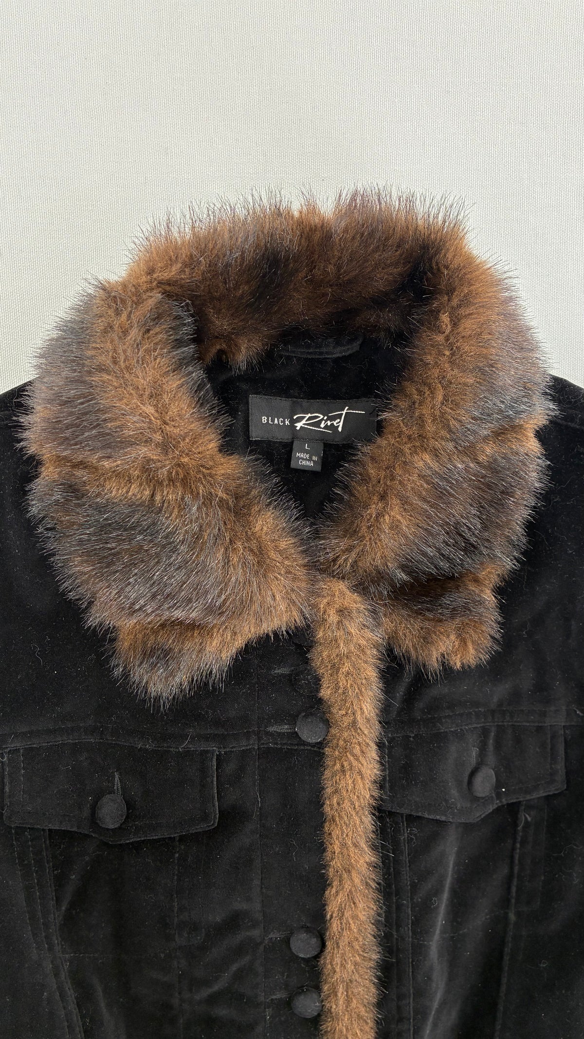 Vintage BLACK RIVET Velour Jacket with Vegan Fur Trim Collar and Cuffs (Large)