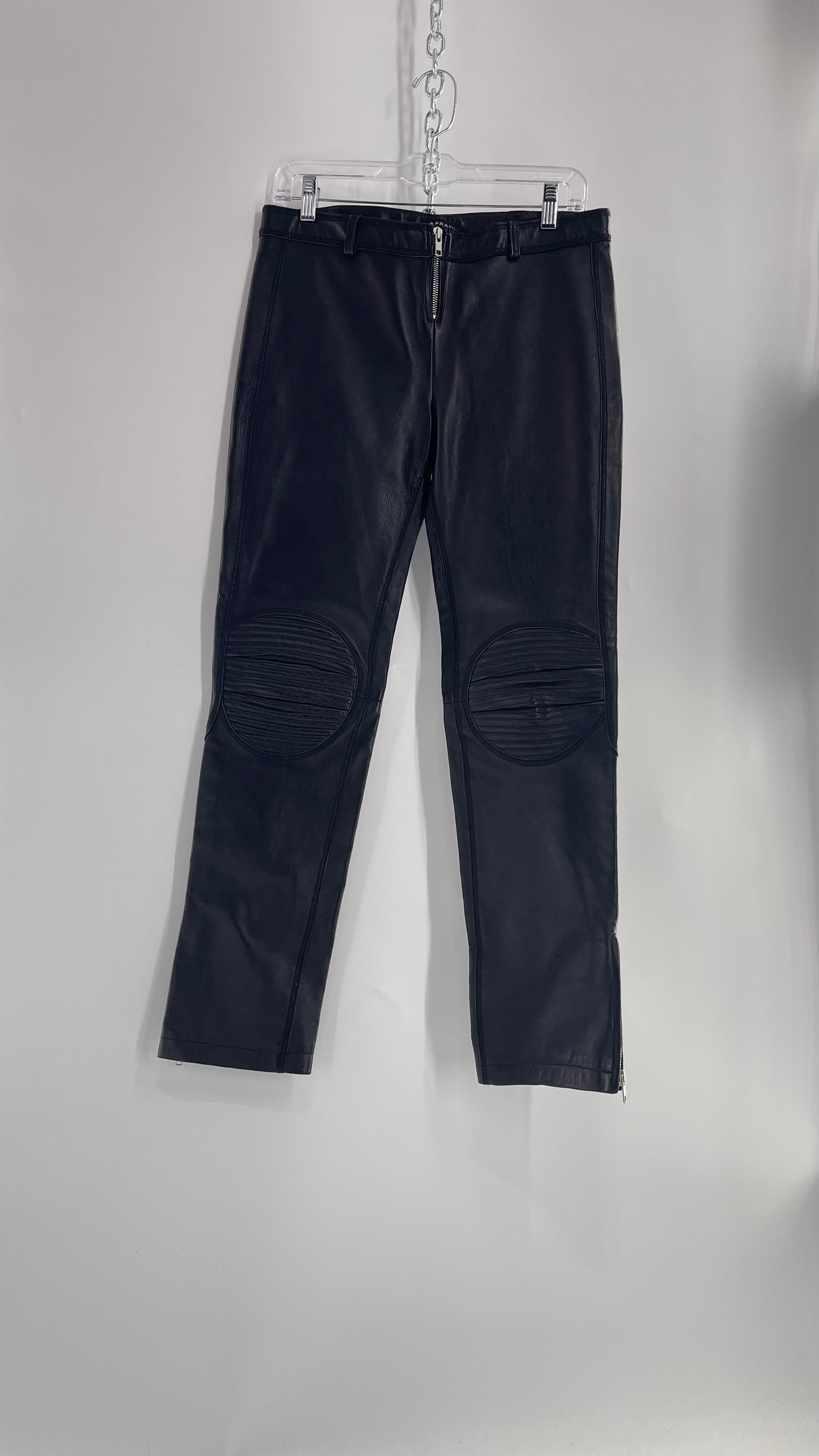 PAOLA FRANI 1990s Black Genuine Leather Low Waisted, Zip Front, Patched Bum and Knee Pants (8)