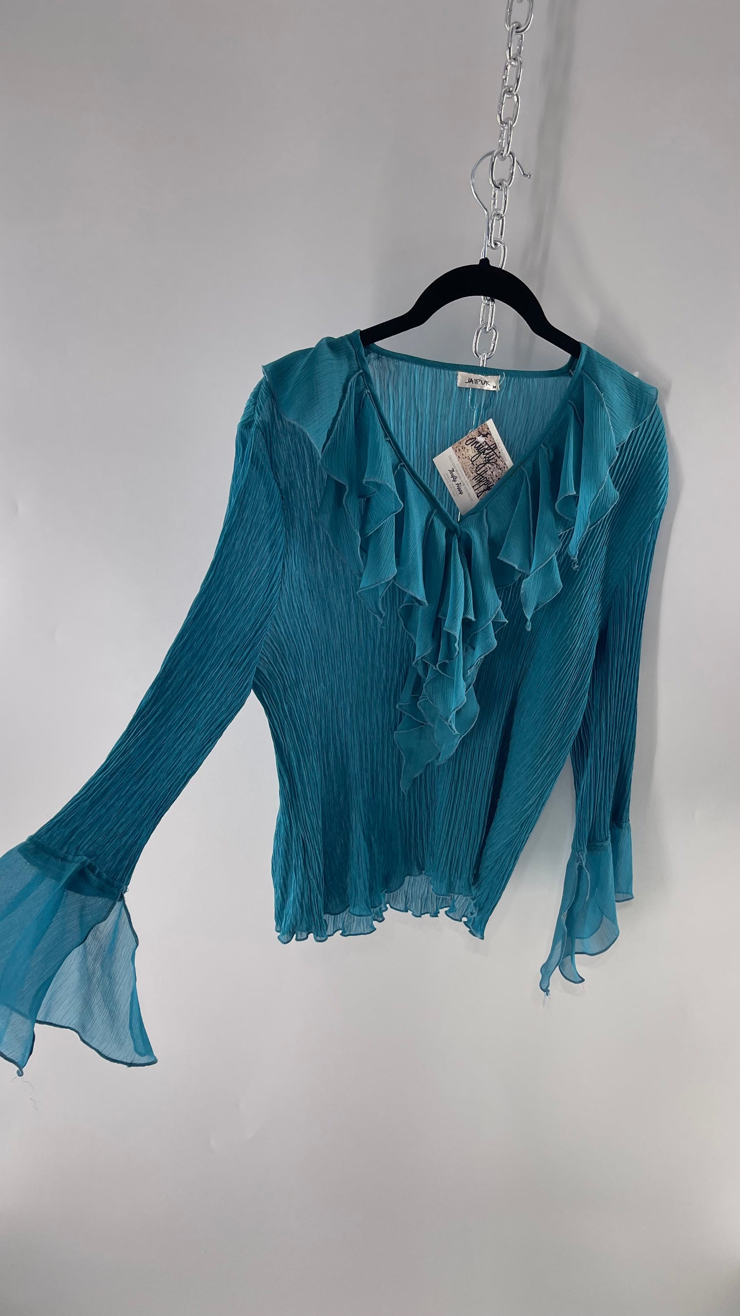 Vintage Jaipur Blue Crimped Blouse with Sheer Handkerchief Cuffs and Ruffled Neckline (Medium)