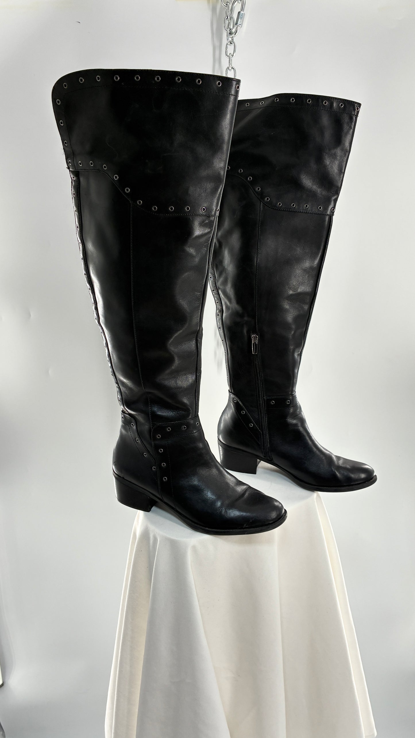 VINCE CAMUTO Genuine Leather Black Over the Knee, Thigh High Boots with Studding Details (11/41)