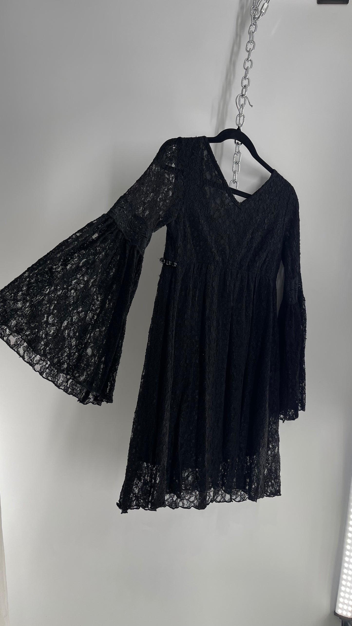 Vintage Black Lace Bell Sleeve Beaded Bust Babydoll Dress (Small)