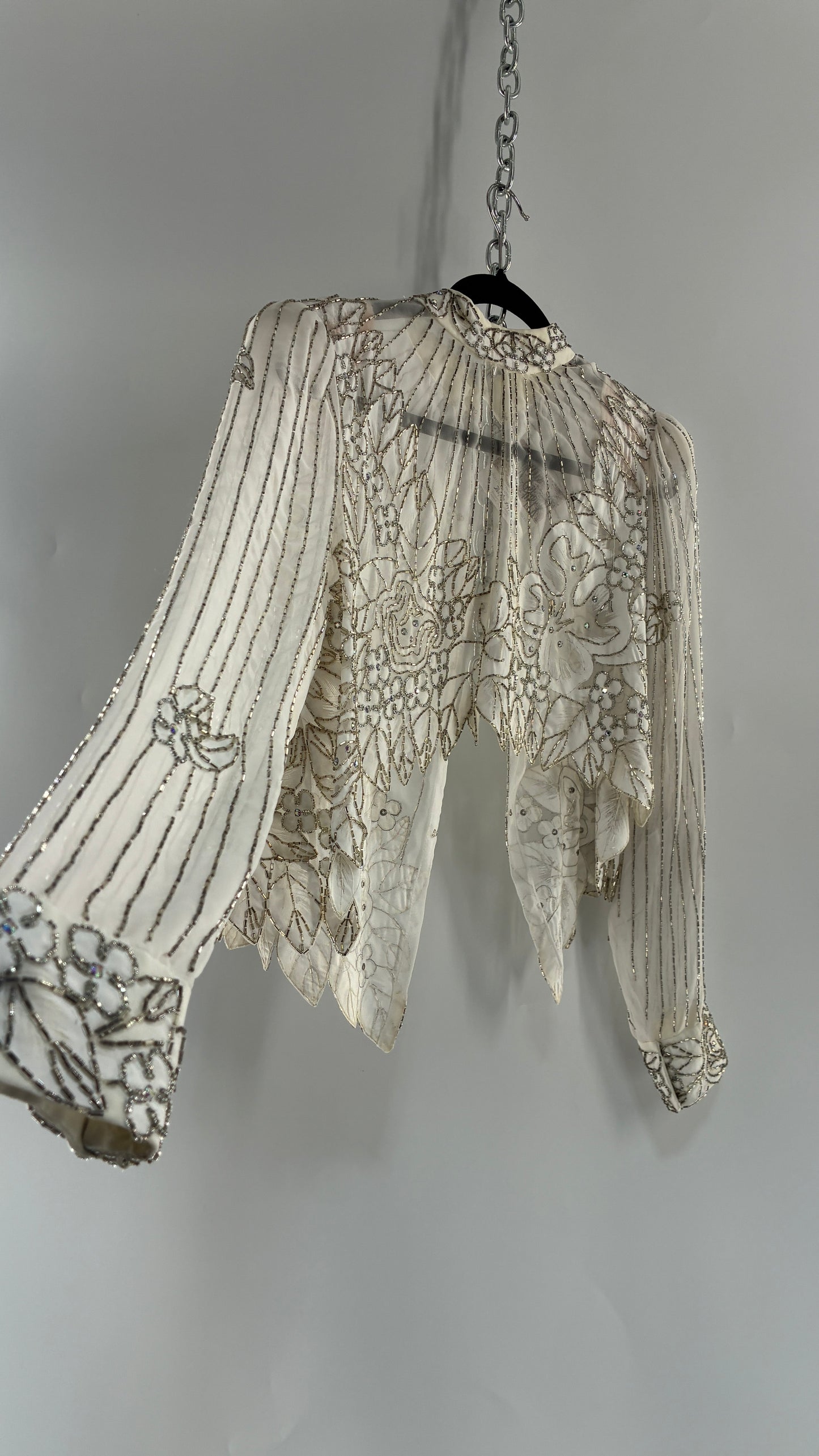 Vintage Sheer White Bridal Beaded Open Back Floral Blouse with High Neck (Medium)