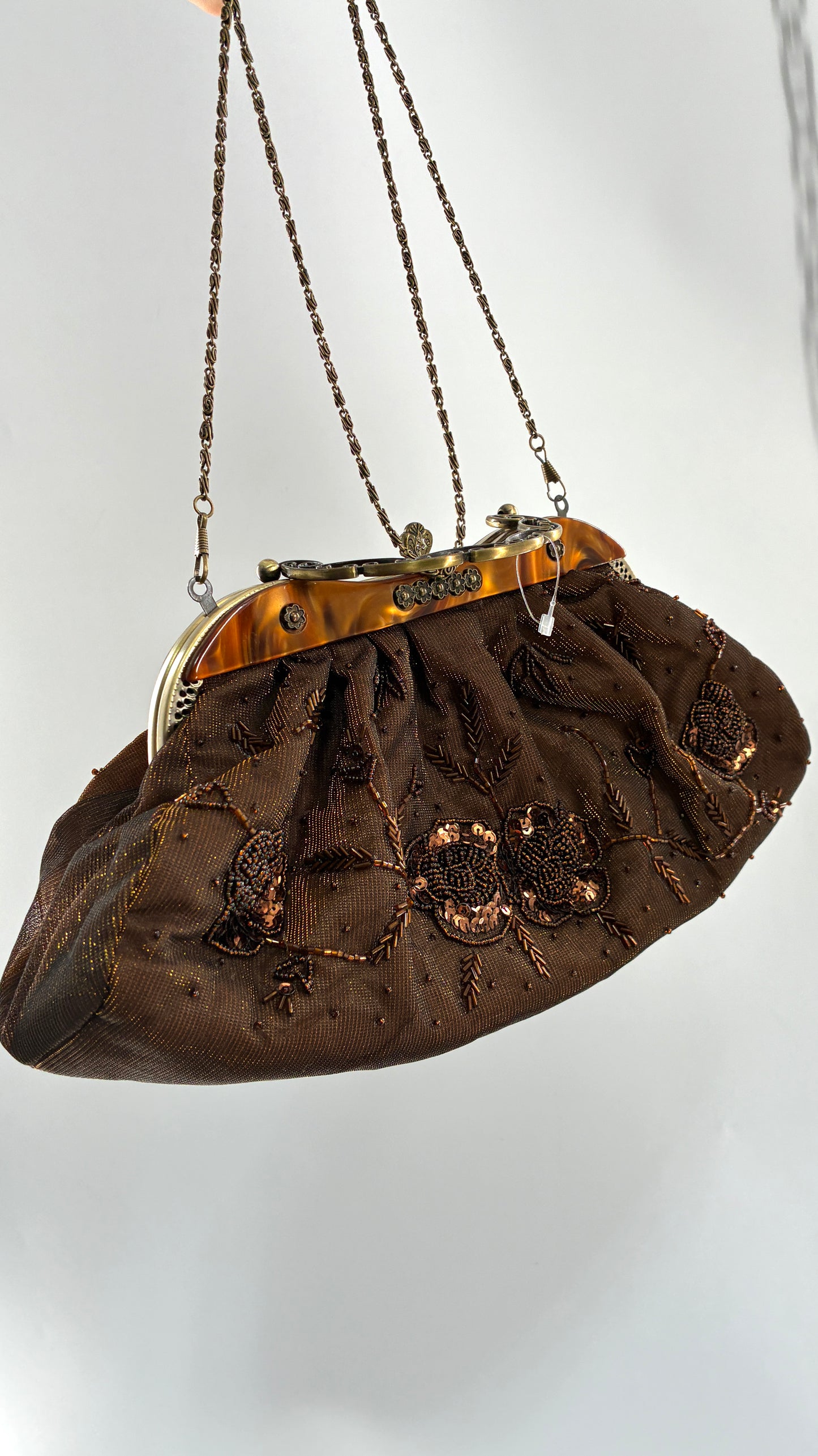 Vintage Brown Beaded and Sequin Purse with Bronze Metal Closure and Iridescent Fabric