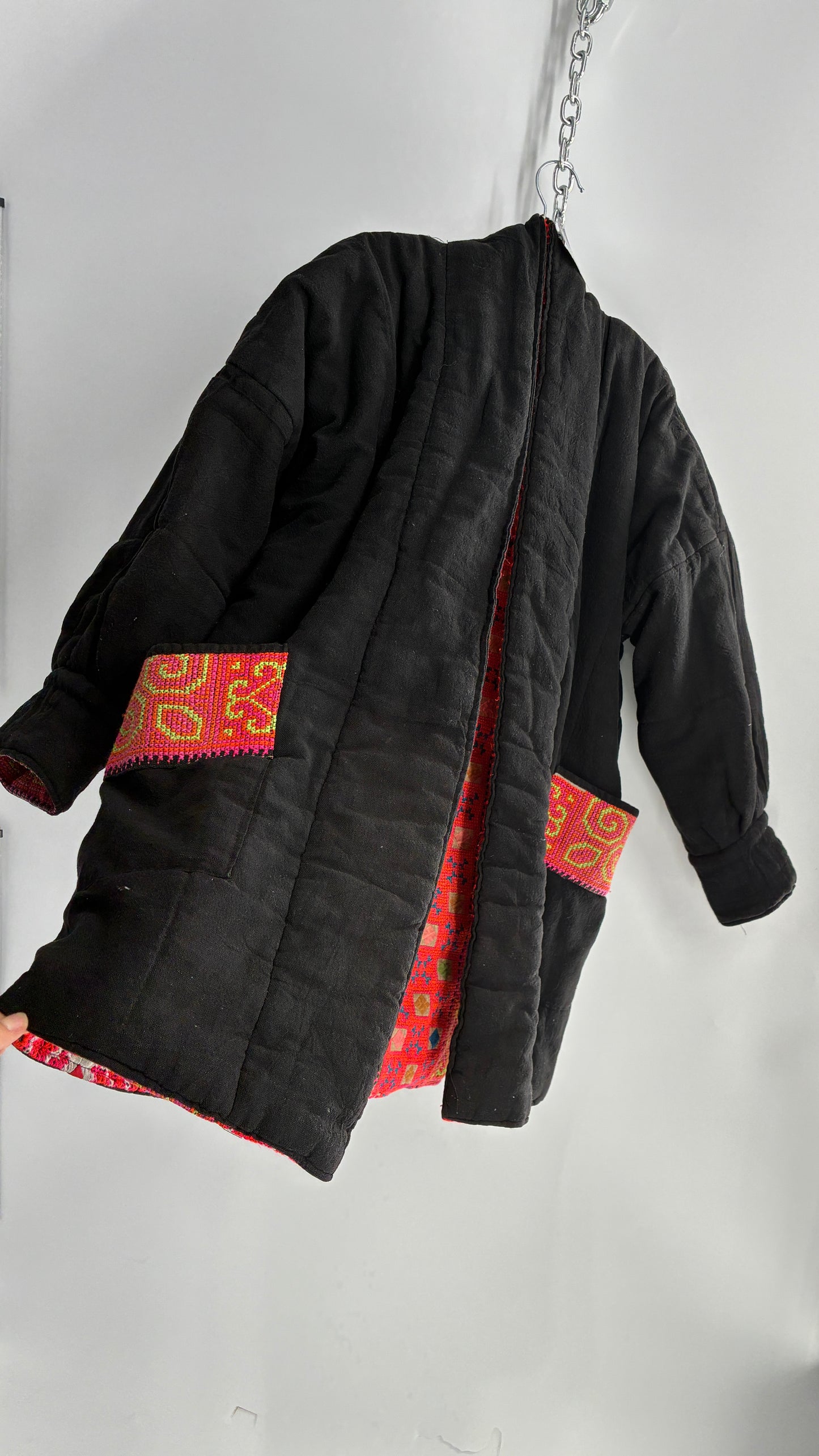One Size Neon Pink Fully Embroidered and Quilted Reversible Puff Sleeve Coat (Large)