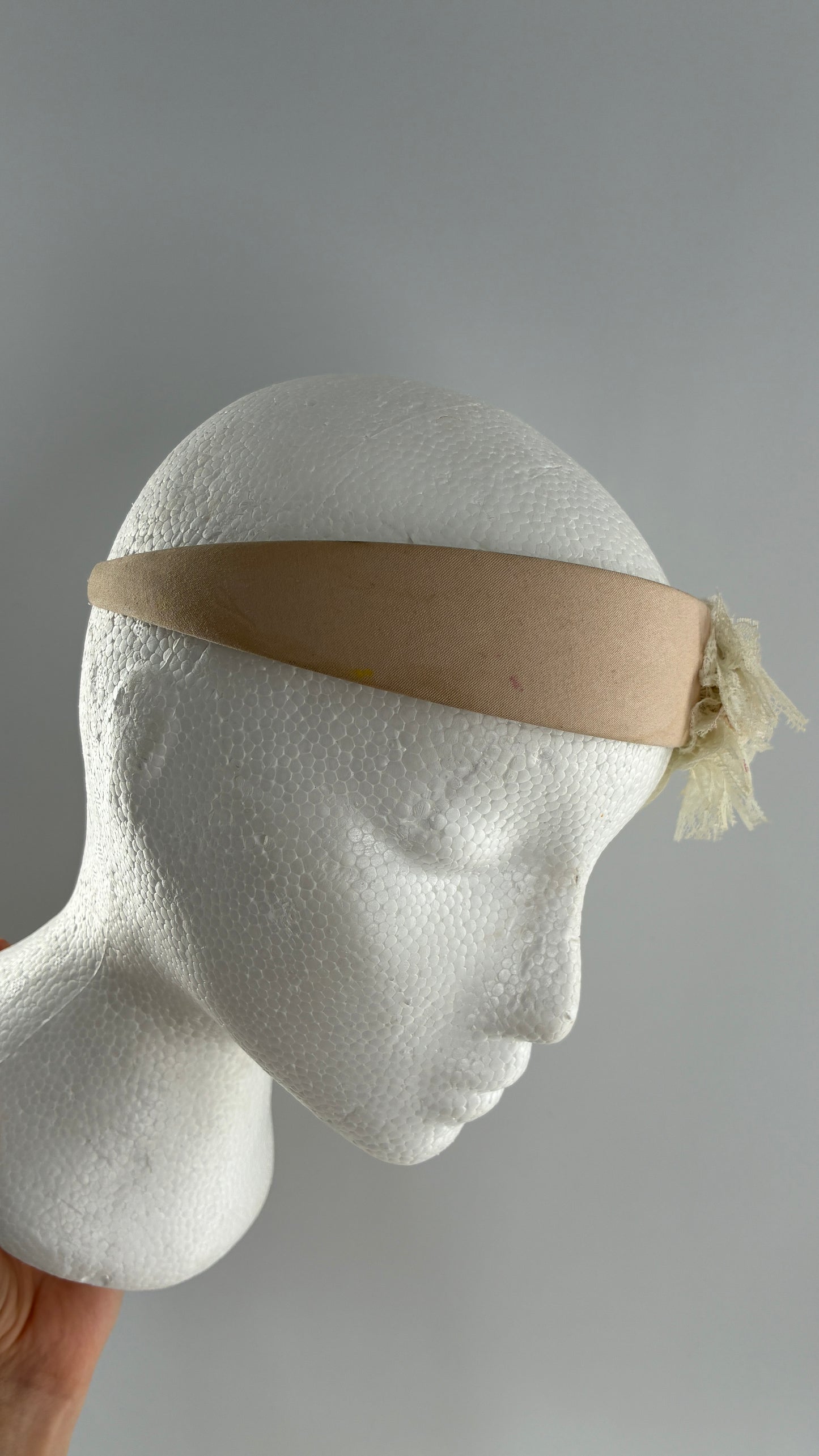 Vintage FARMER Handmade Headband with Ribbon, Flower, Button Appliqués