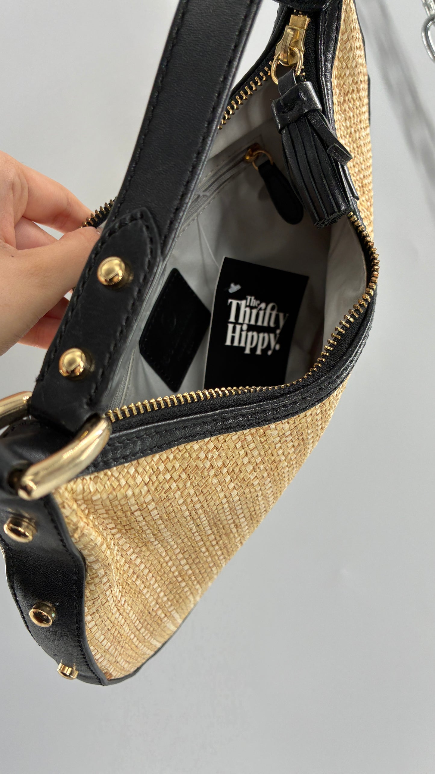Vintage COLE HAAN Straw Shoulder Purse with Black Leather, Gold Studded Trim