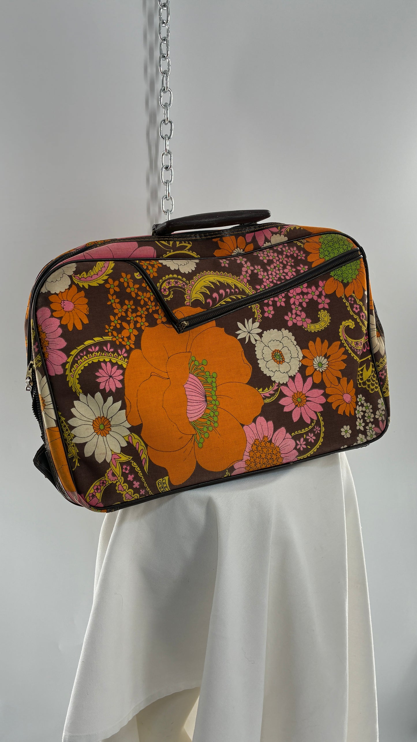 Vintage 1970s Brown Briefcase with Warm Tone Flowers