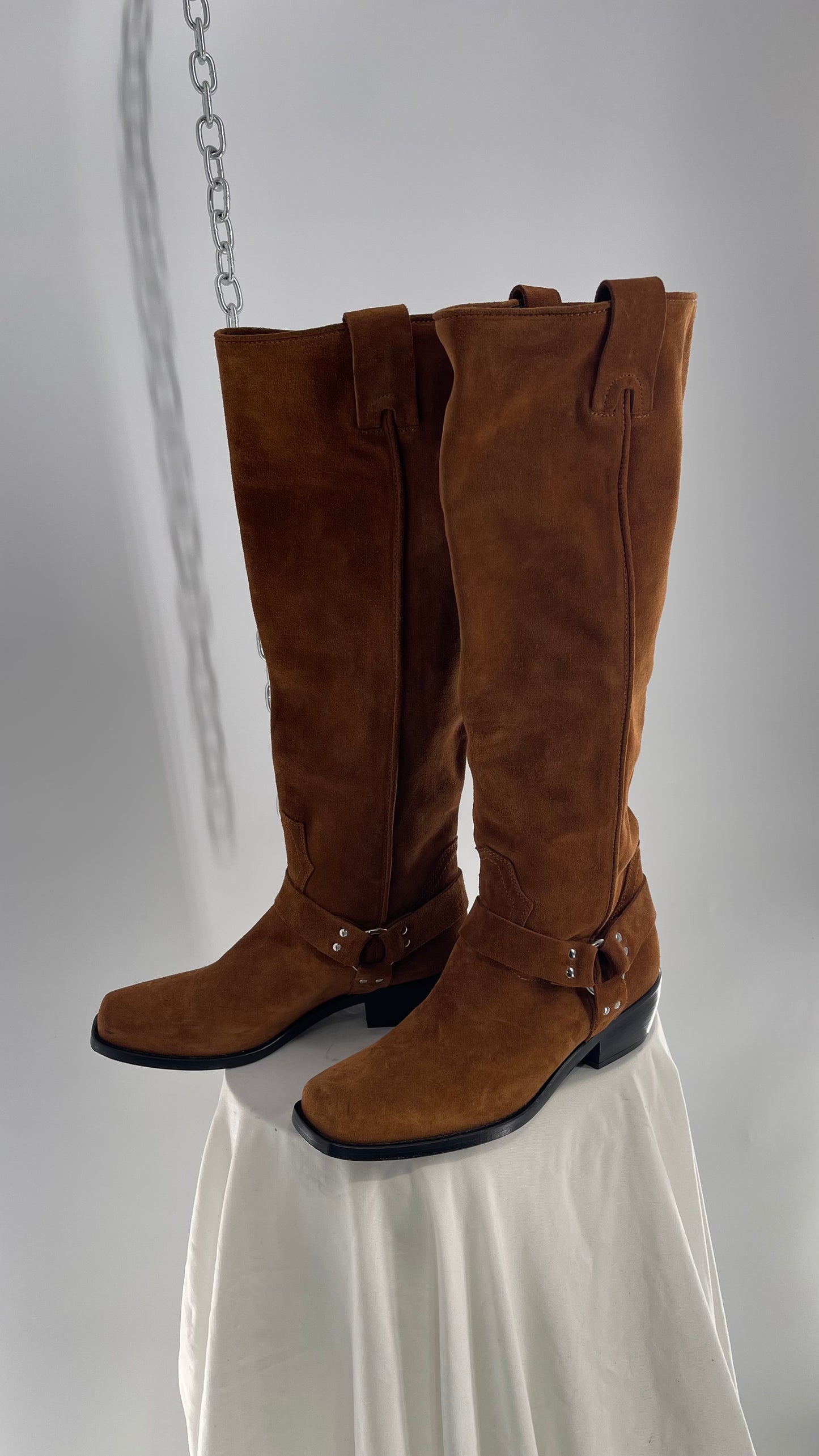 Free People Lockhardt Harness Thick Suede Leather Square Toe Knee High Boot (37)