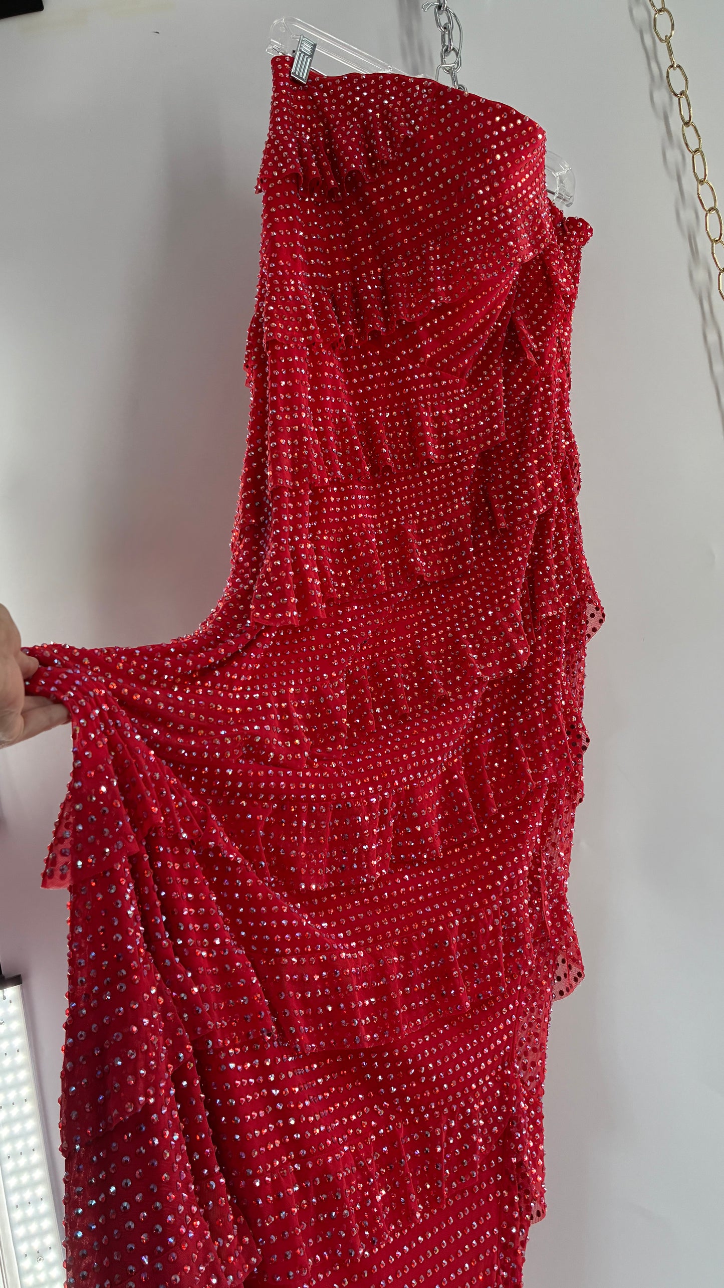 OH POLLY Red Ruffle, Heavy Gown Covered in Iridescent Rhinestones NWOT (14)