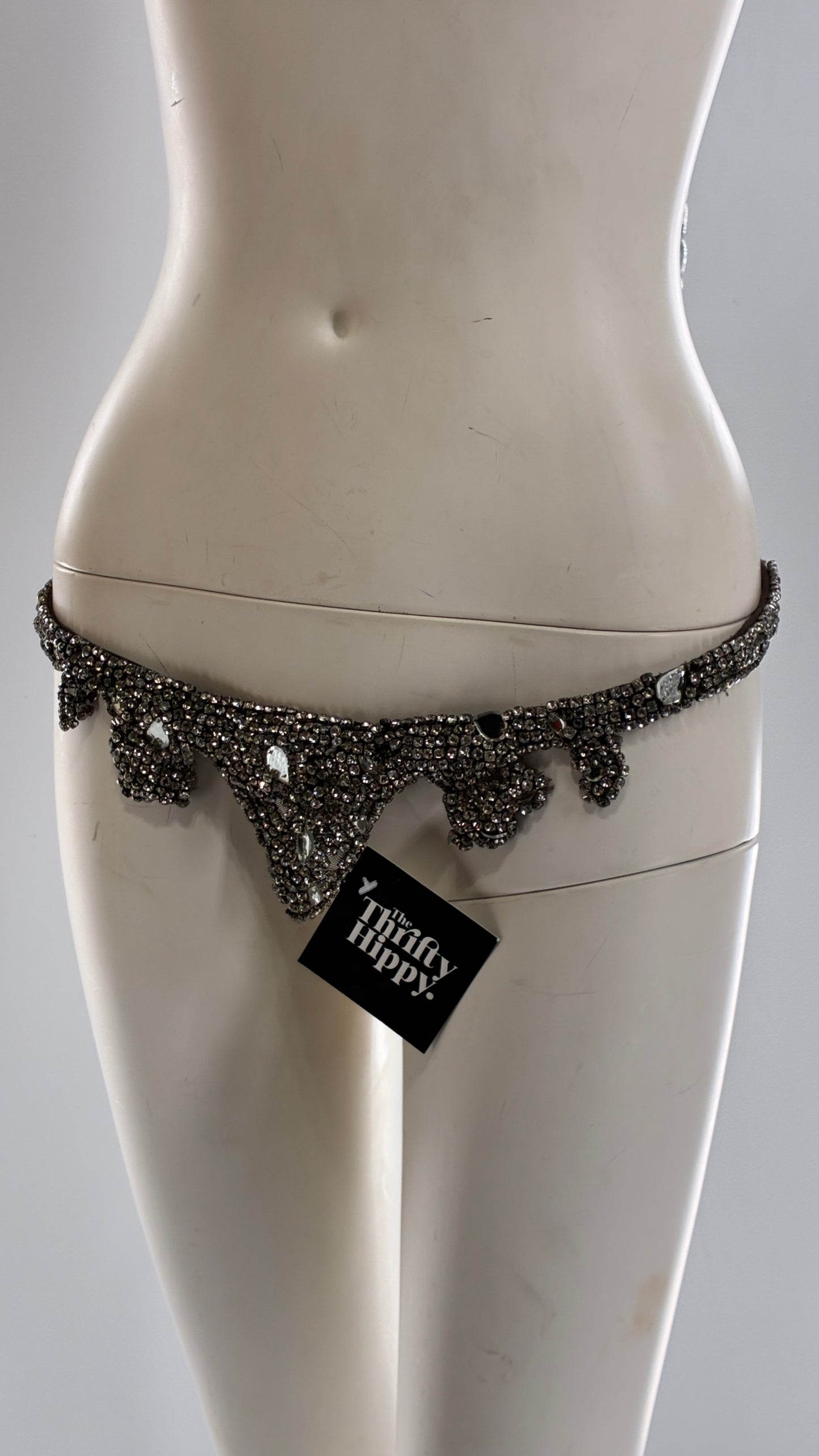 Vintage Brown Suede Leather Scalloped Belt Covered in Rhinestones and Heavy Ornate Beading