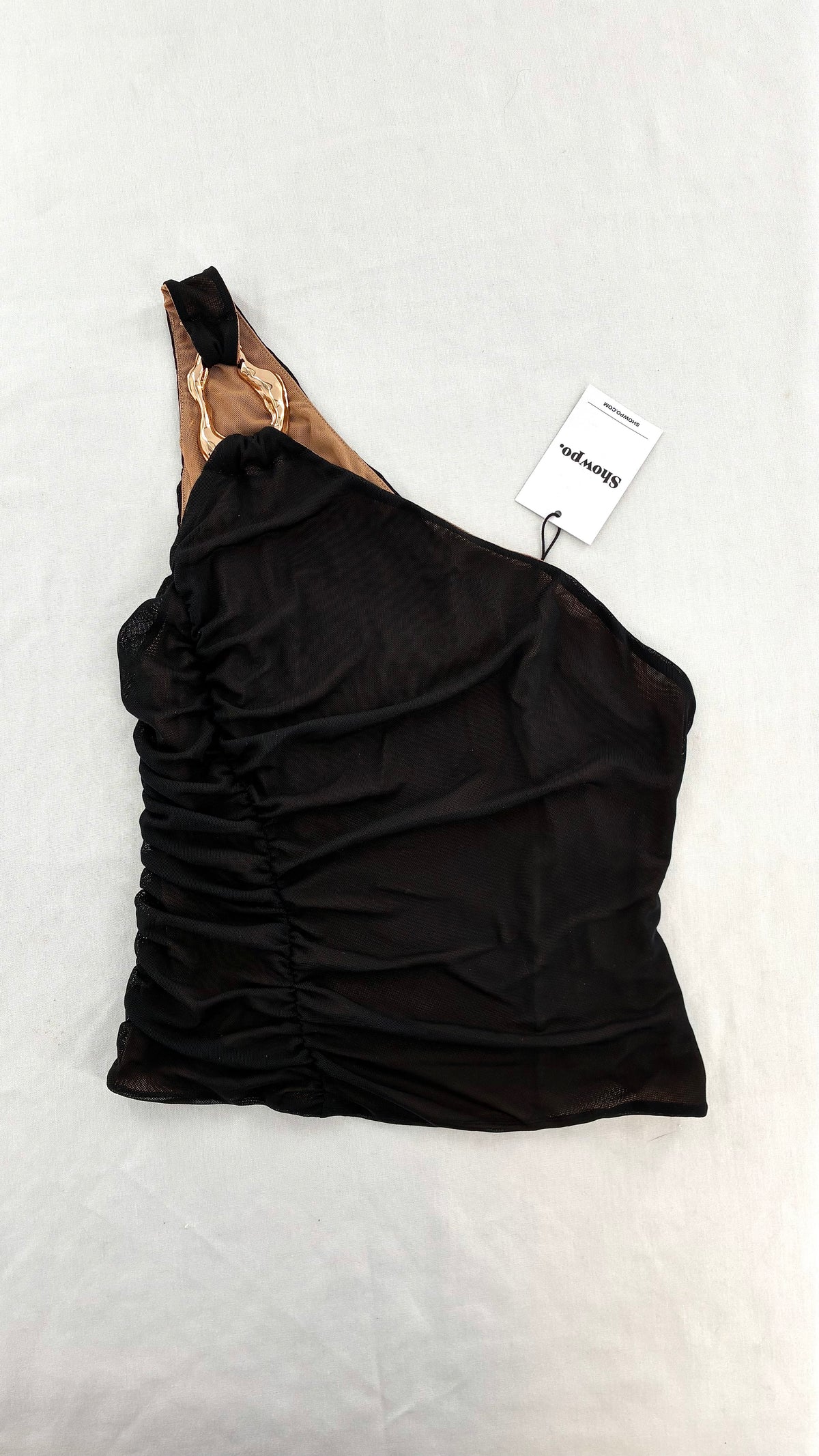 SHOWPO Ruched Nude Underlay Black Mesh One Shoulder Blouse with Tags (4)