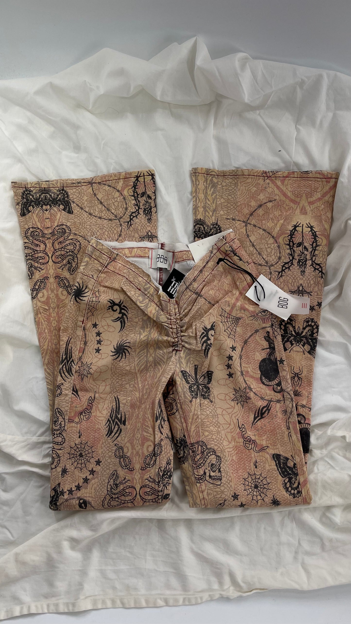 BDG Tan Flare Scrunch Front Flared Bell Bottoms with Tattoo Graphics and Tags Attached (27)