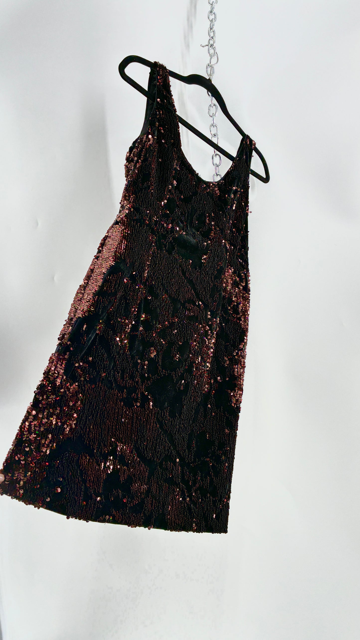 MILLY Cora Velvet, Black and Rose Gold Sequin Mini Dress with Built in Corset (4)