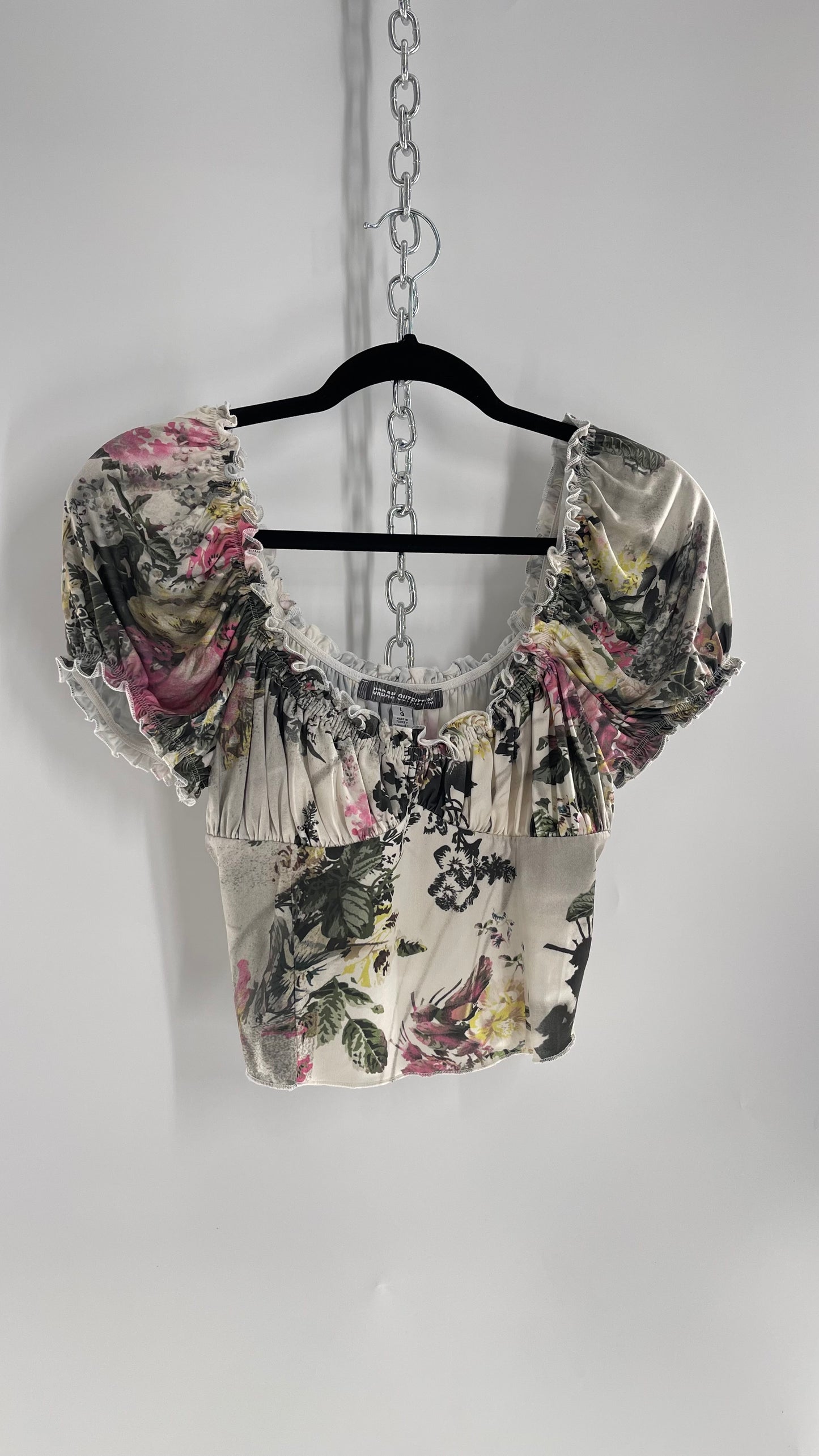 Urban Outfitters Slinky Vintage Inspired Graphic Florals and Milkmaid Style Top (Large)