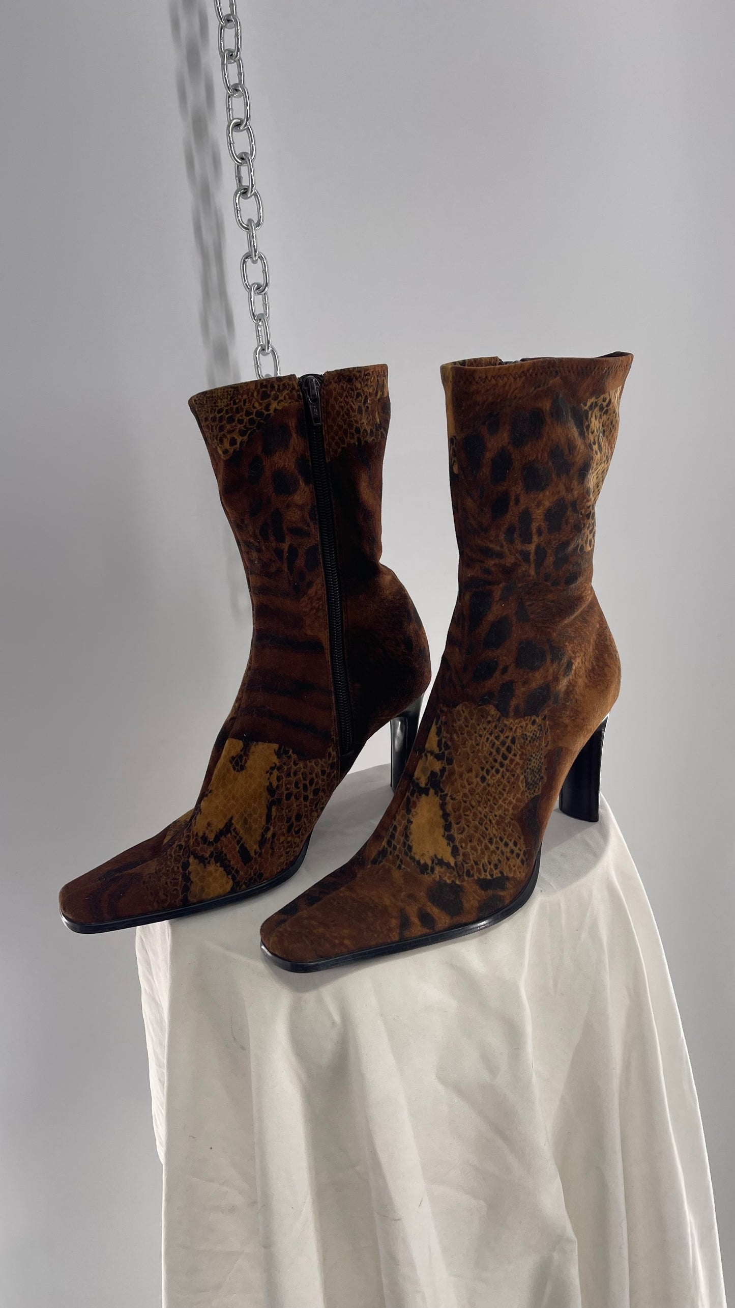 Vintage MOULIN Square Toe Mixed Animal Print Patchwork Booties (8.5)