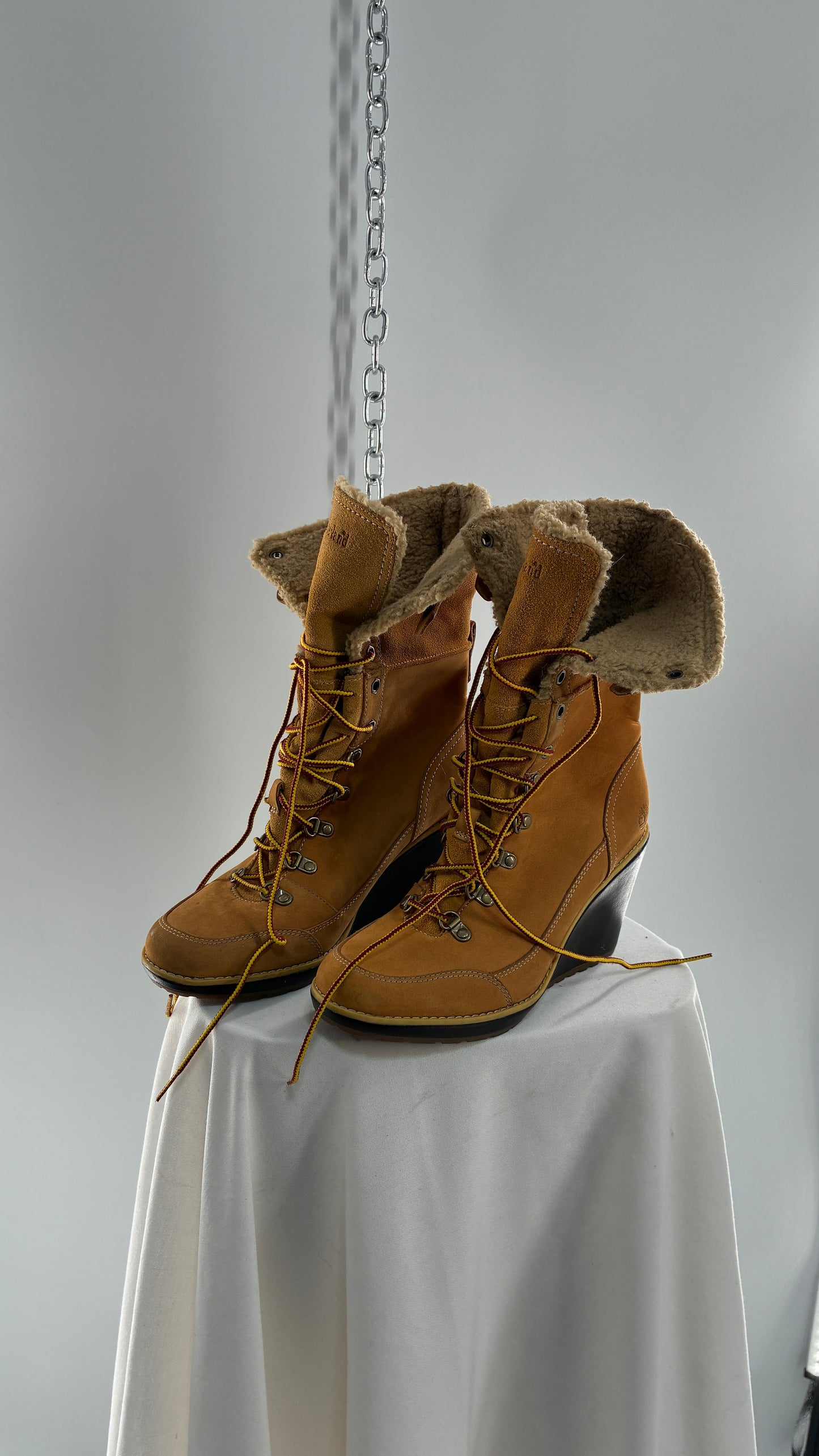 Vintage TIMBERLAND Wedge Boots Suede Leather Tie Up Heels (7.5)