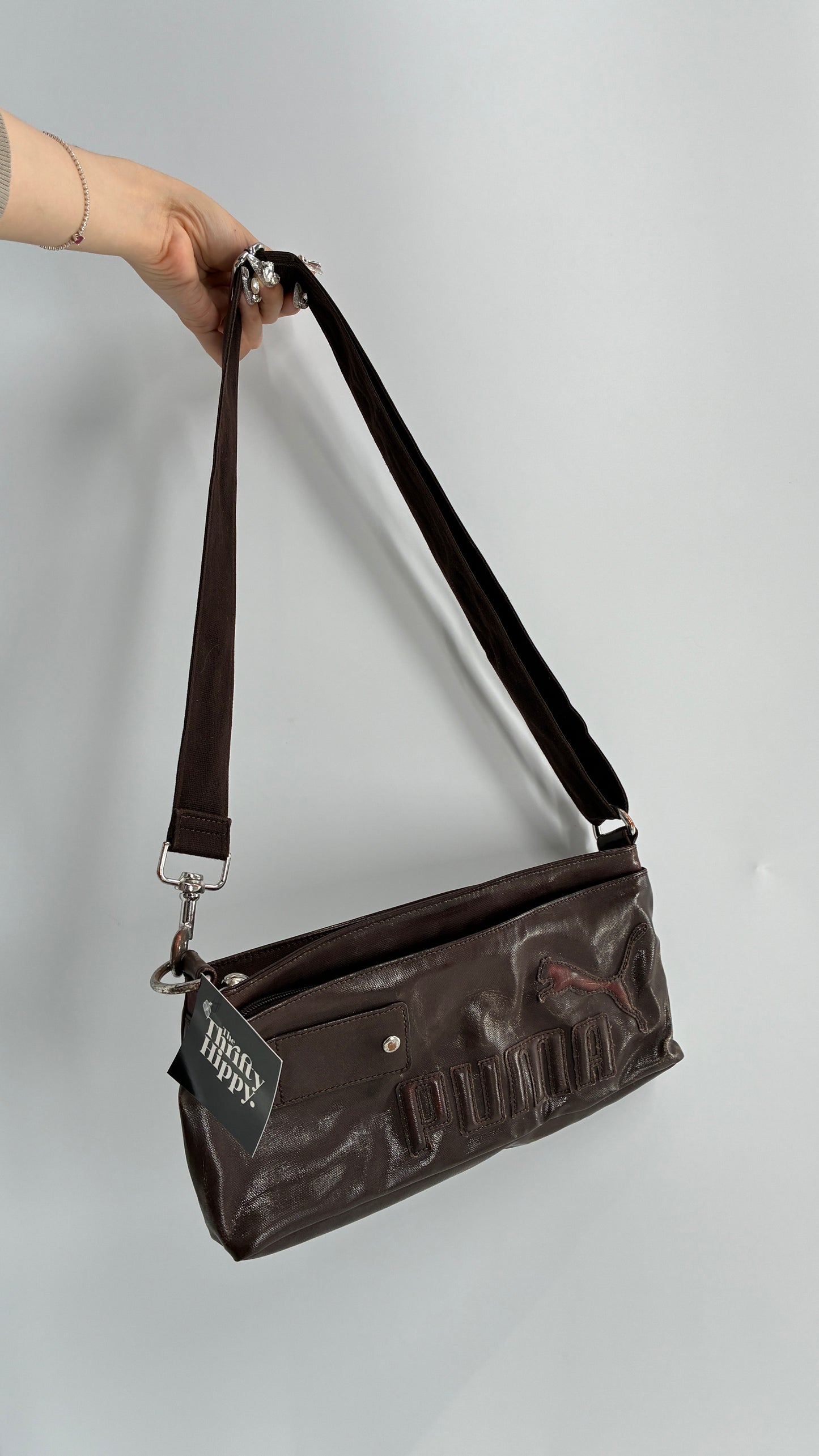 RARE Distressed Vintage PUMA Shoulder Purse, Brown W/ Iconic Logo