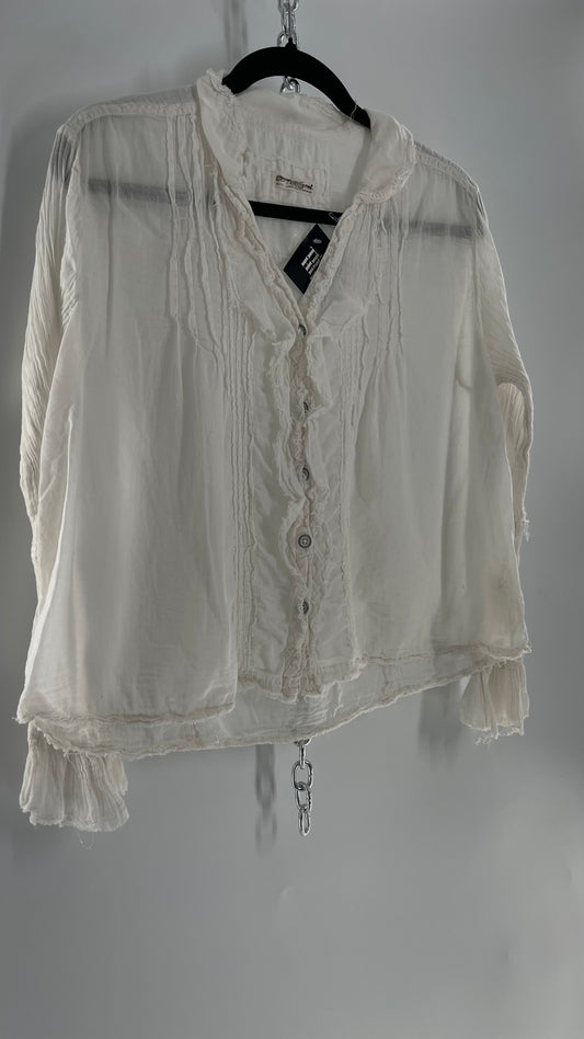 Free People White Cotton Ruffle Button Up with Crimped Sleeves (Small)