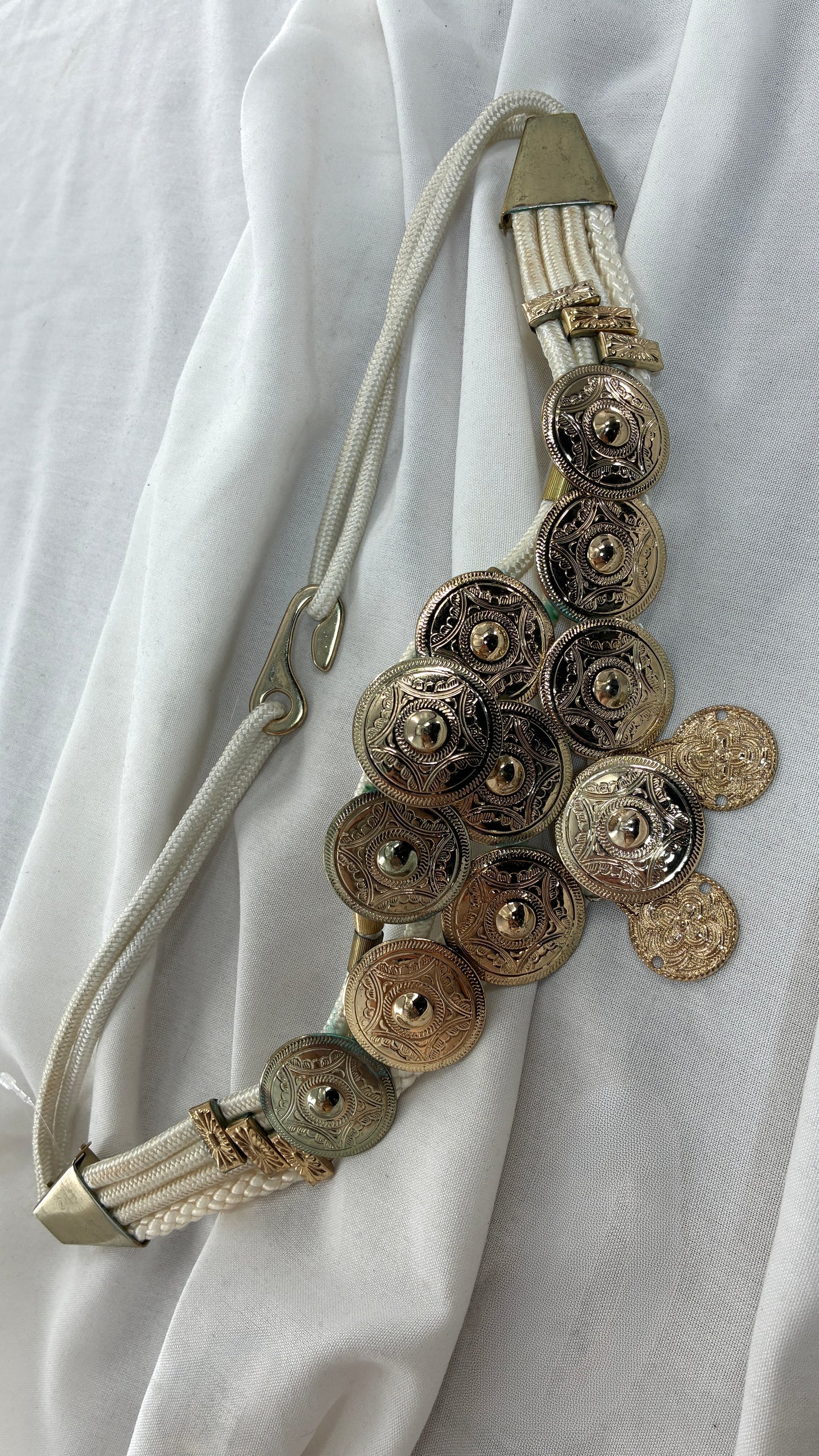 Vintage 1980s White Rope Belt with Gold Engraved Coins Made in Korea